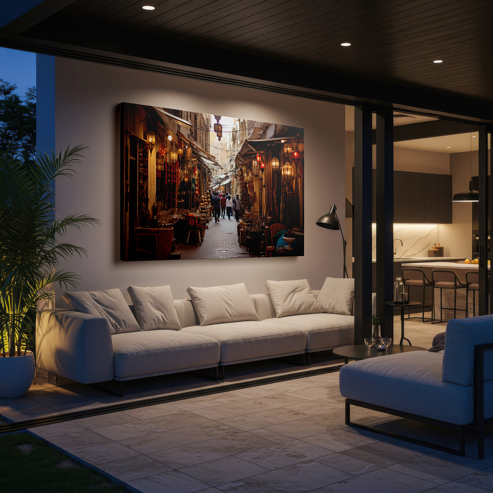 Bold and expansive at 90×60 cm — ideal for making a statement above large furniture — festively lit vibrant marketplace alley, a cultural mosaic displayed on large wall art, canvas wall art, wall decor for office