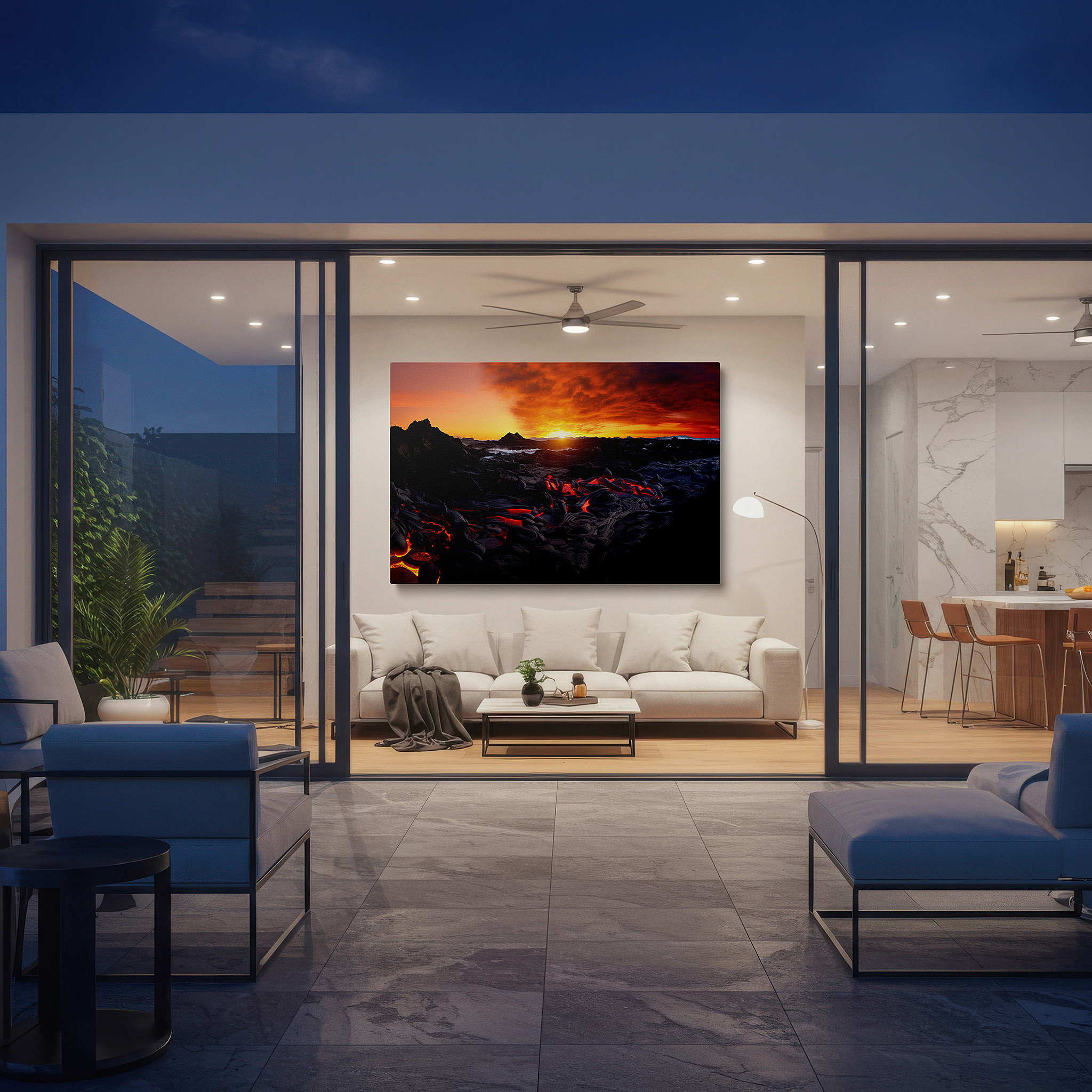 Bold and expansive at 90×60 cm — ideal for making a statement above large furniture — fiery lava clashes with tranquil ocean at sunset - a striking display of nature's contrasts, large canvas wall art for home and office decor