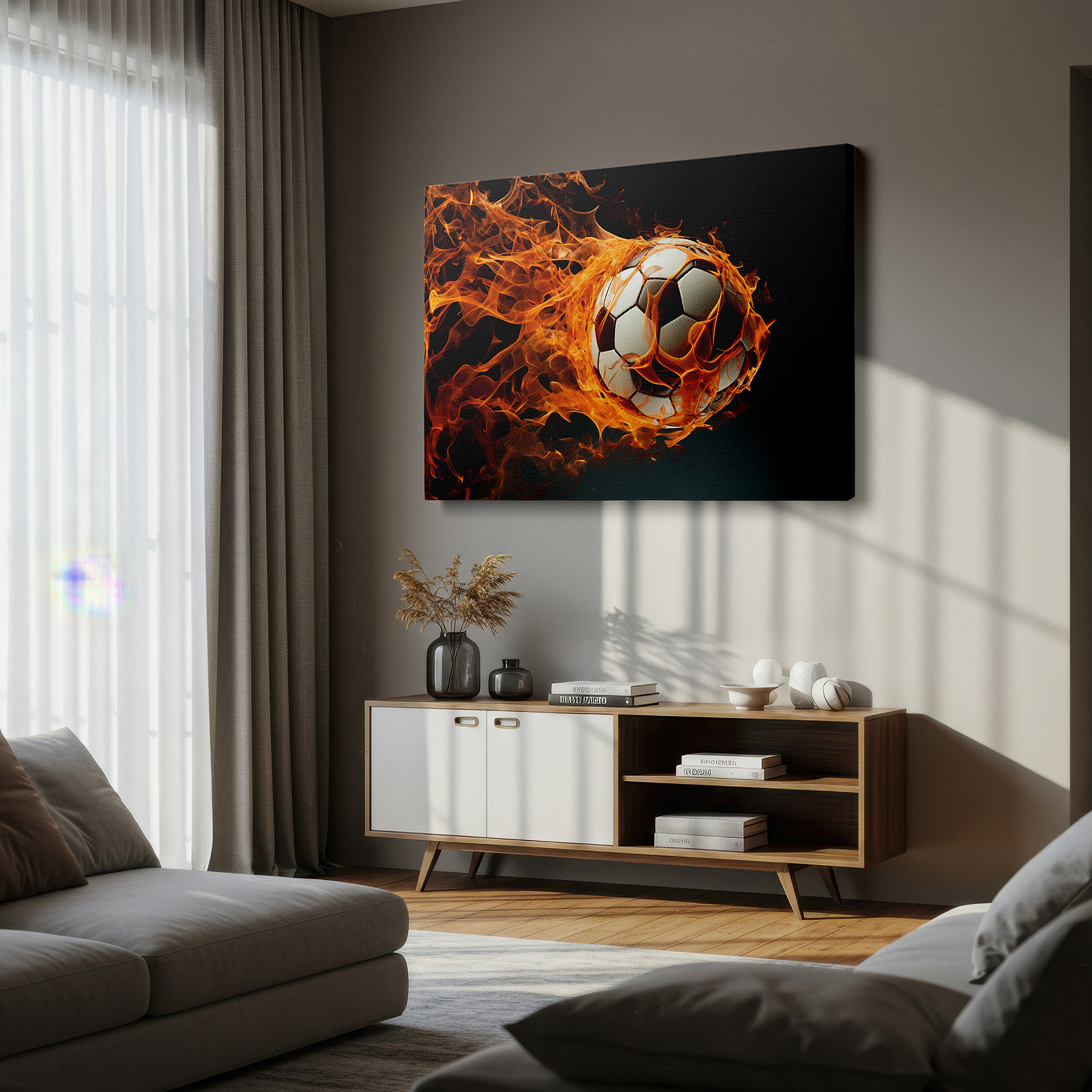 Bold and expansive at 90×60 cm — ideal for making a statement above large furniture — fiery soccer ball wall art: embodying passion and intensity in sports - ideal for office, bedroom, and living room decor