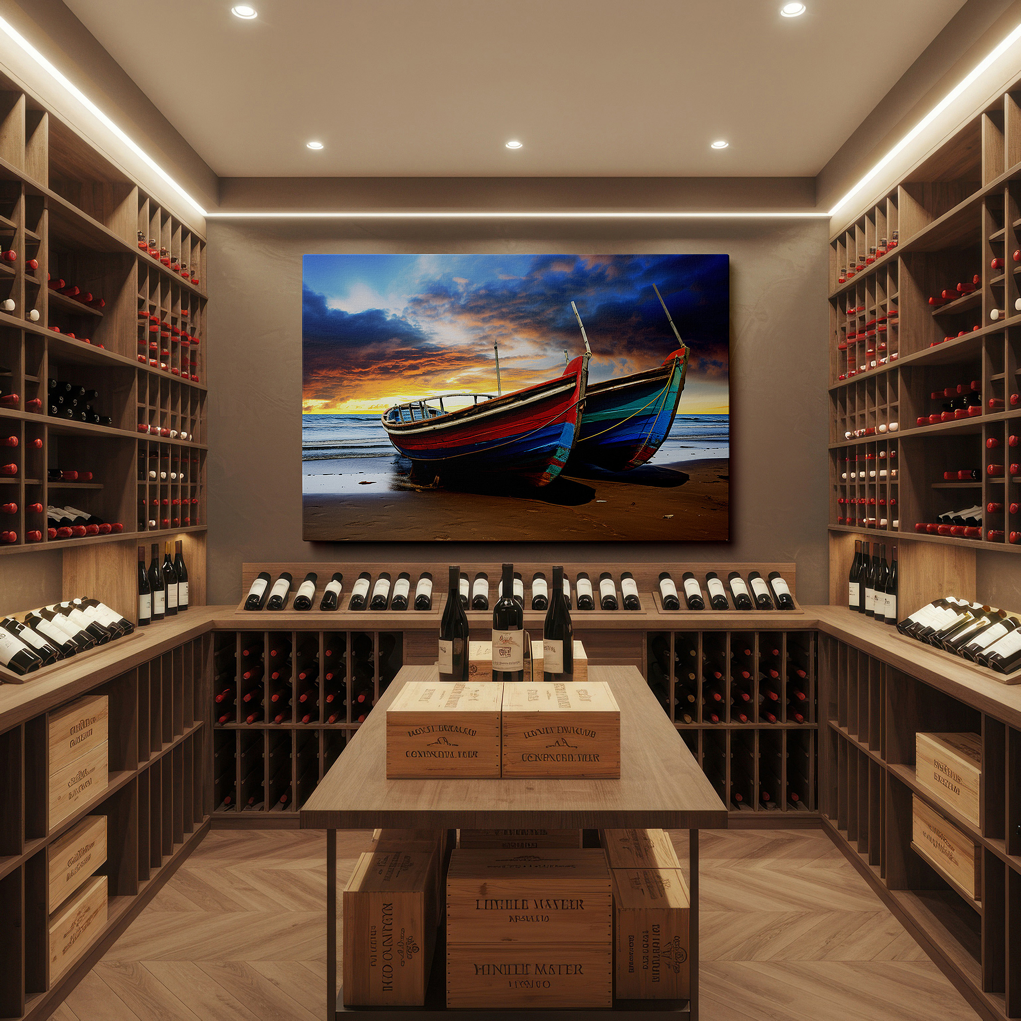 Bold and expansive at 90×60 cm — ideal for making a statement above large furniture — fiery sunset over abandoned boats, serene beachscape reflecting time - large canvas wall art for office and bedroom decor