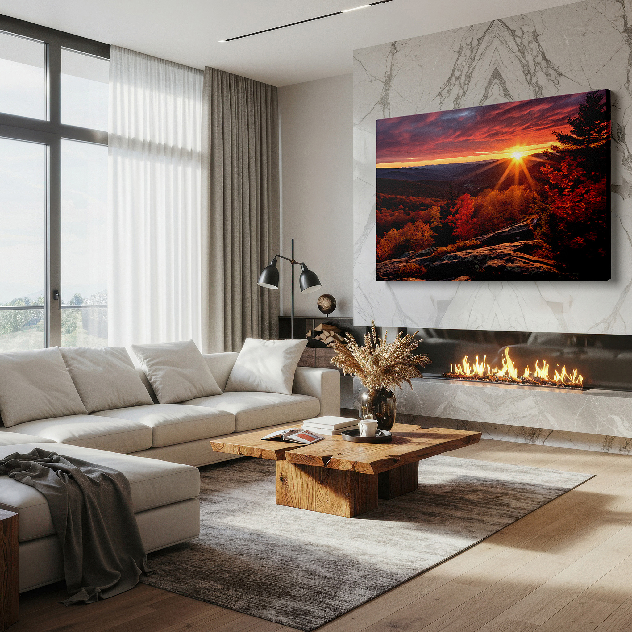 Bold and expansive at 90×60 cm — ideal for making a statement above large furniture — golden hour sunset over majestic mountains amidst autumn's vibrant tapestry large wall art, canvas wall art, wall art decor, office wall art, bedroom wall art