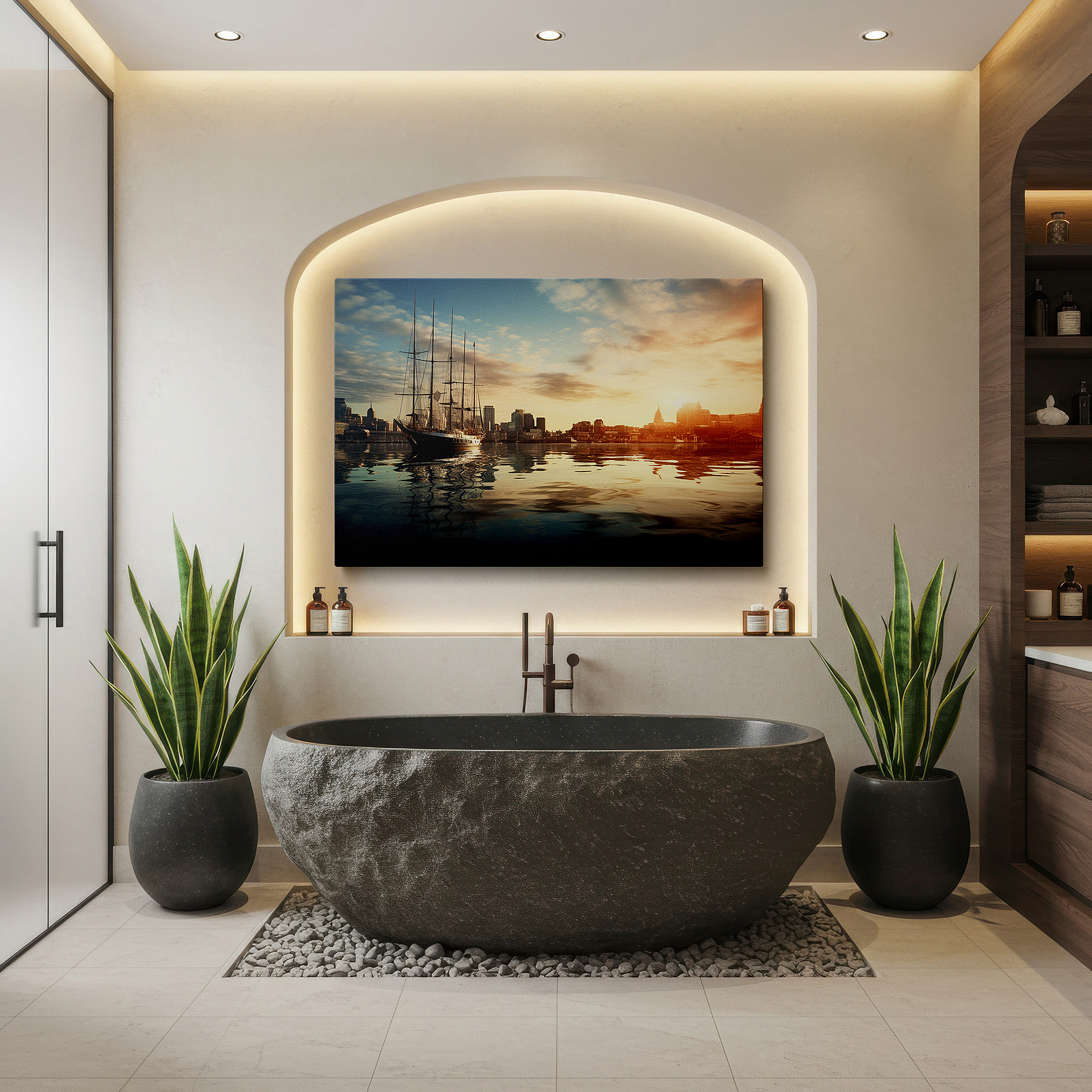 Bold and expansive at 90×60 cm — ideal for making a statement above large furniture — golden sunset reflection: serene maritime and bustling cityscape large wall art, canvas decor for office and bedroom