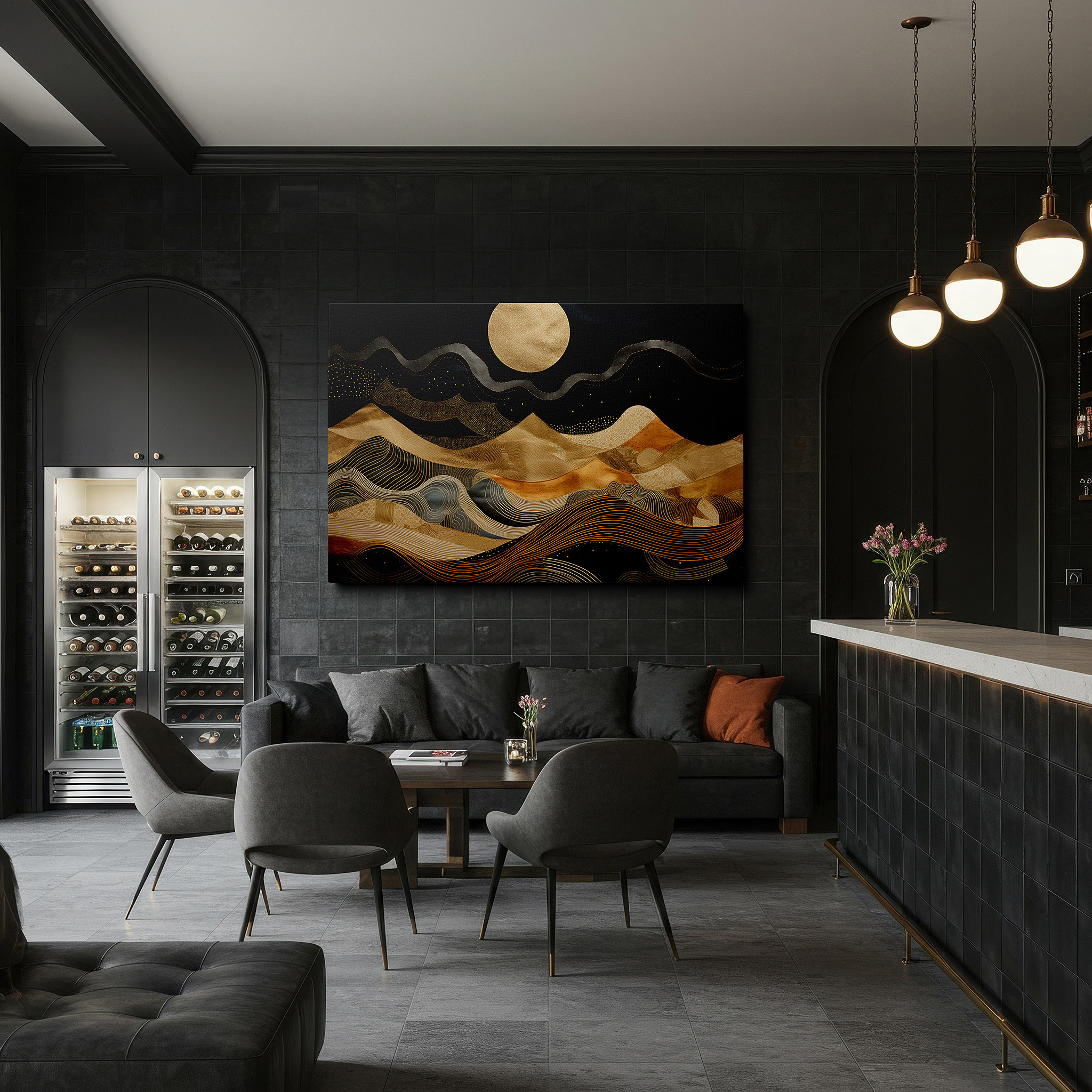 Bold and expansive at 90×60 cm — ideal for making a statement above large furniture — golden waves and bright moon in a mysterious abstract landscape, large canvas wall art for home and office decor