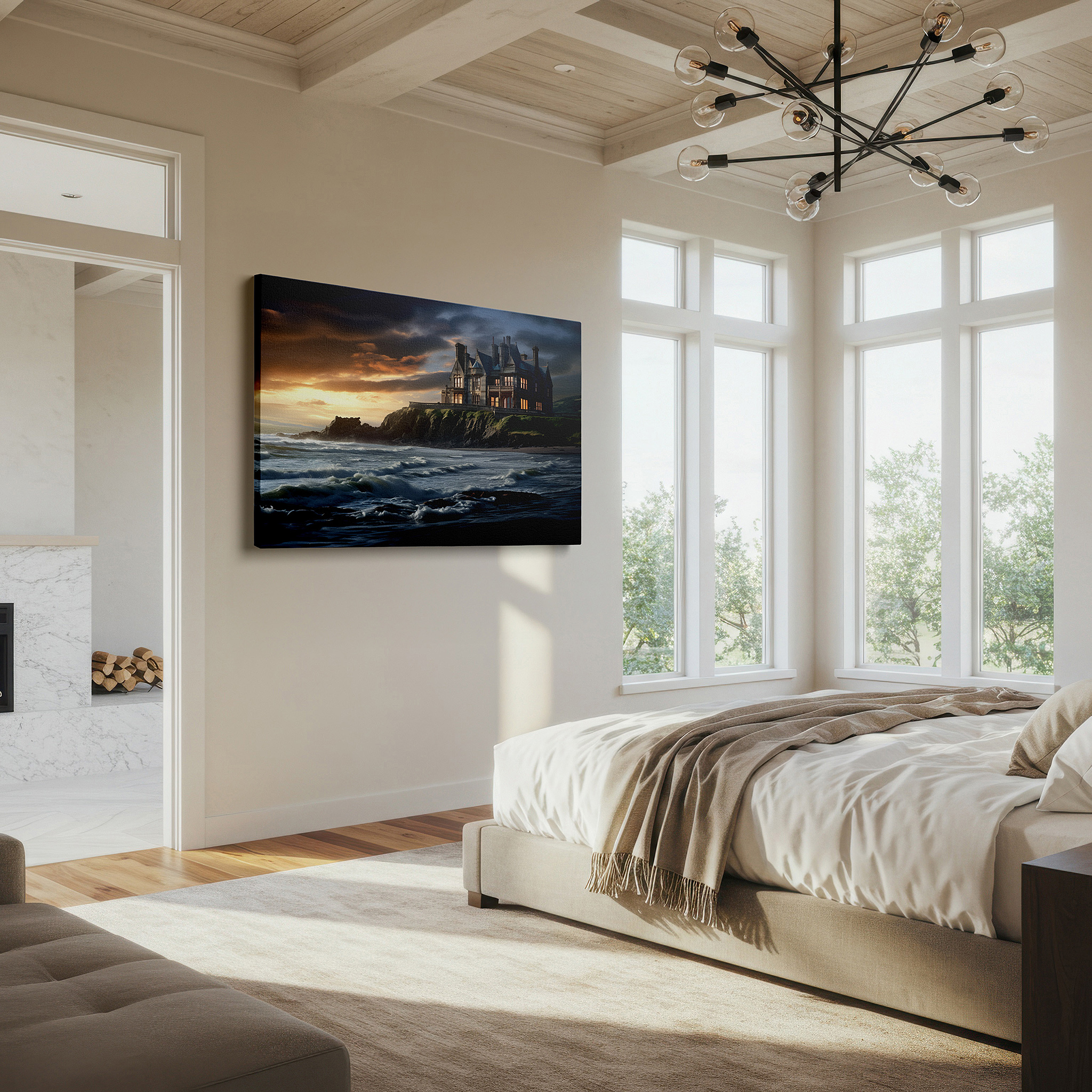 Bold and expansive at 90×60 cm — ideal for making a statement above large furniture — gothic mansion on cliff overlooking stormy seas, sunset illuminates the horizon, large canvas wall art for home and office decor