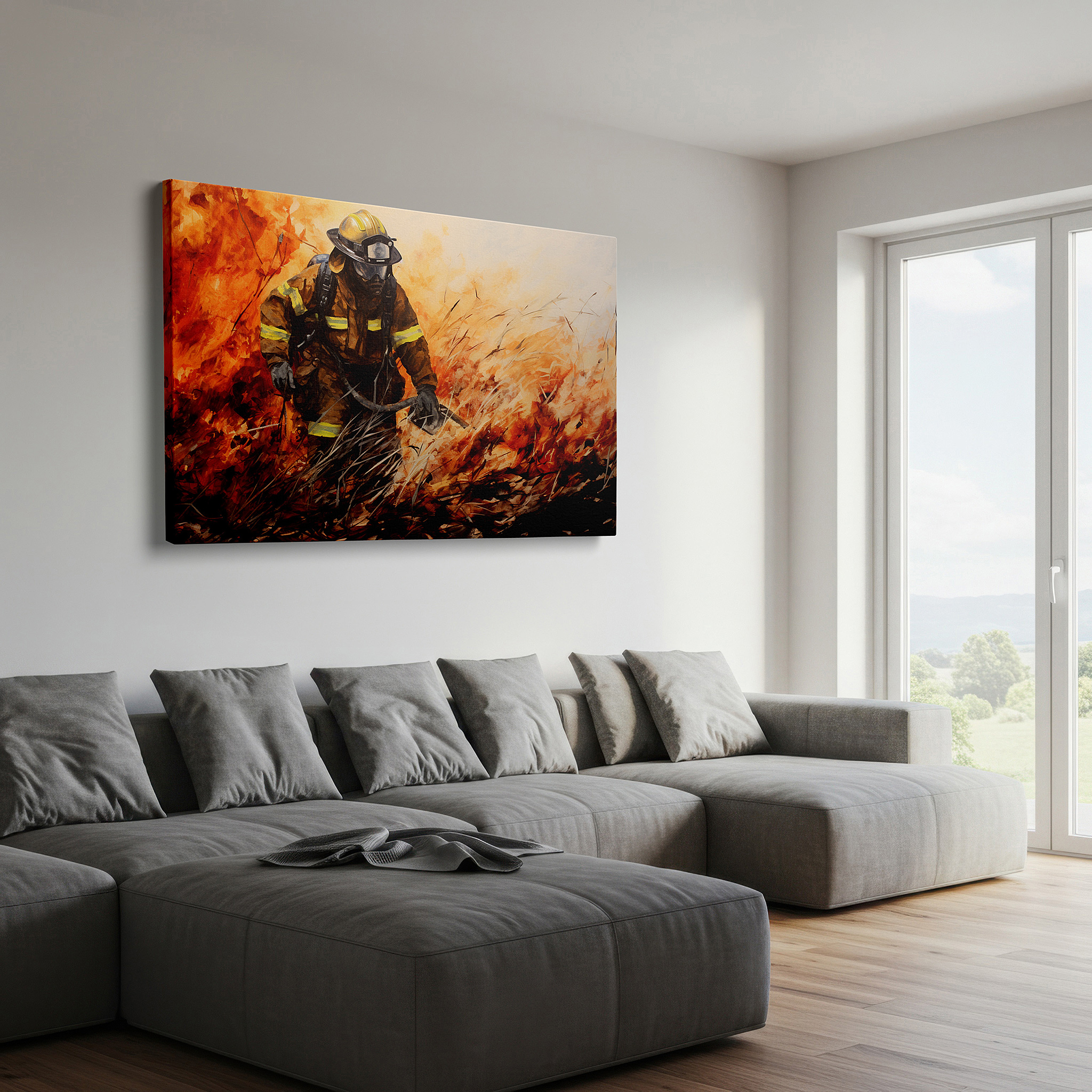Bold and expansive at 90×60 cm — ideal for making a statement above large furniture — heroic firefighter confronts inferno: large canvas wall art for office and bedroom decor