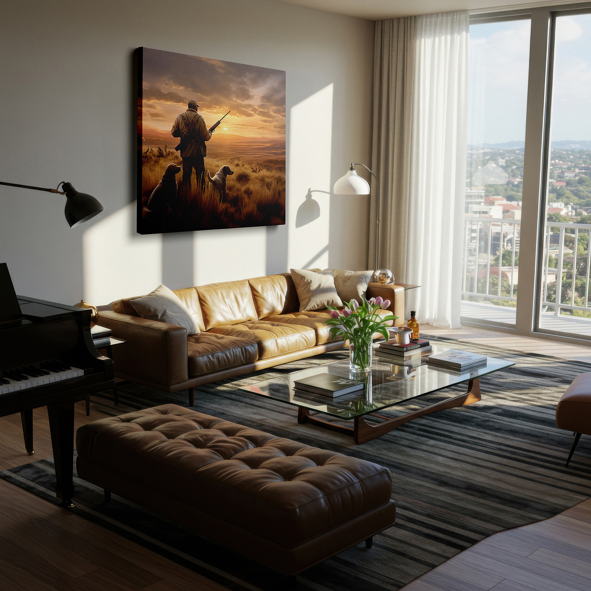 Bold and expansive at 90×60 cm — ideal for making a statement above large furniture — hunter and dogs at sunset - companionship and adventure silhouette large wall art, canvas wall art, office wall decor