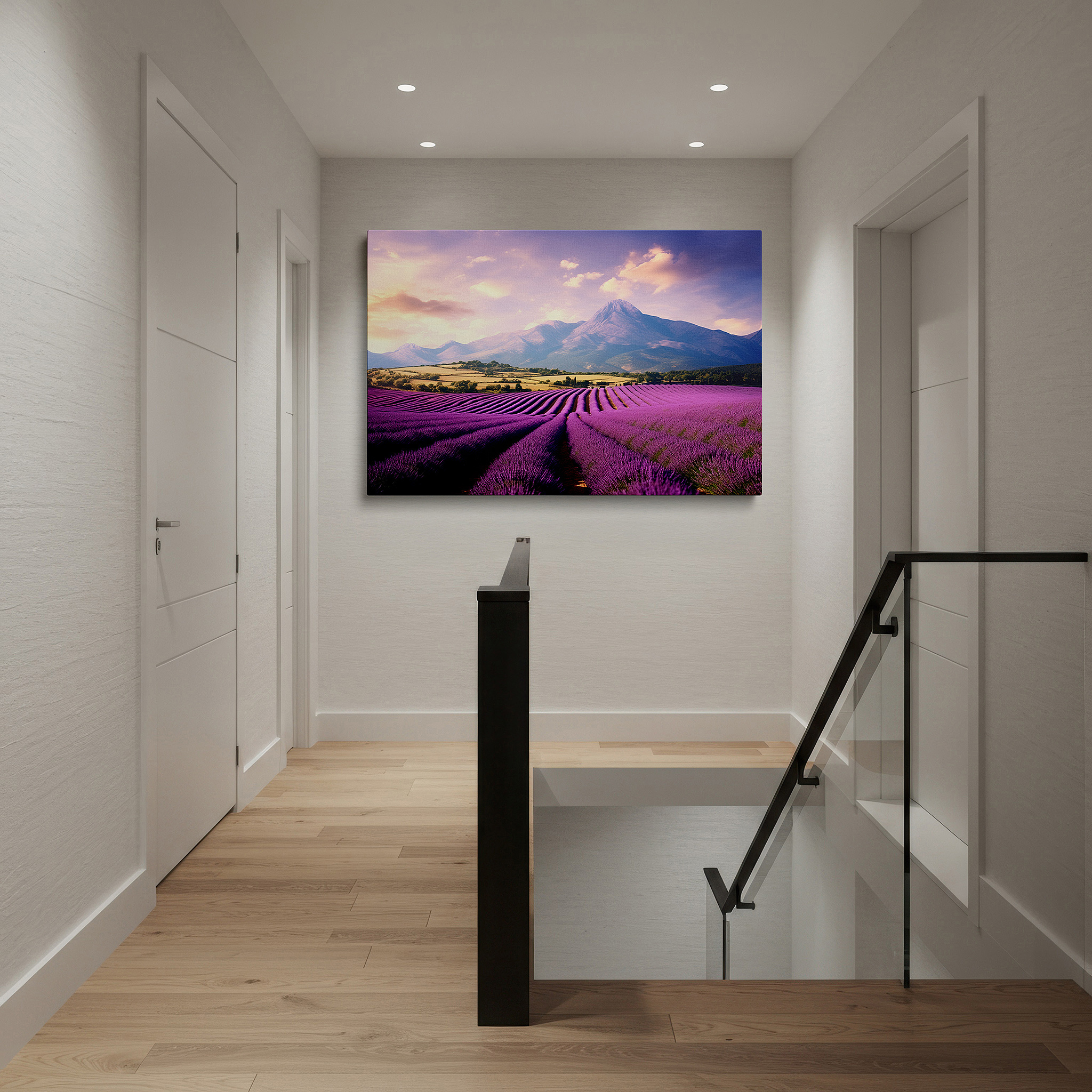 Bold and expansive at 90×60 cm — ideal for making a statement above large furniture — lavender fields and majestic mountains under a vibrant sunset sky - large canvas wall art for office and bedroom decor