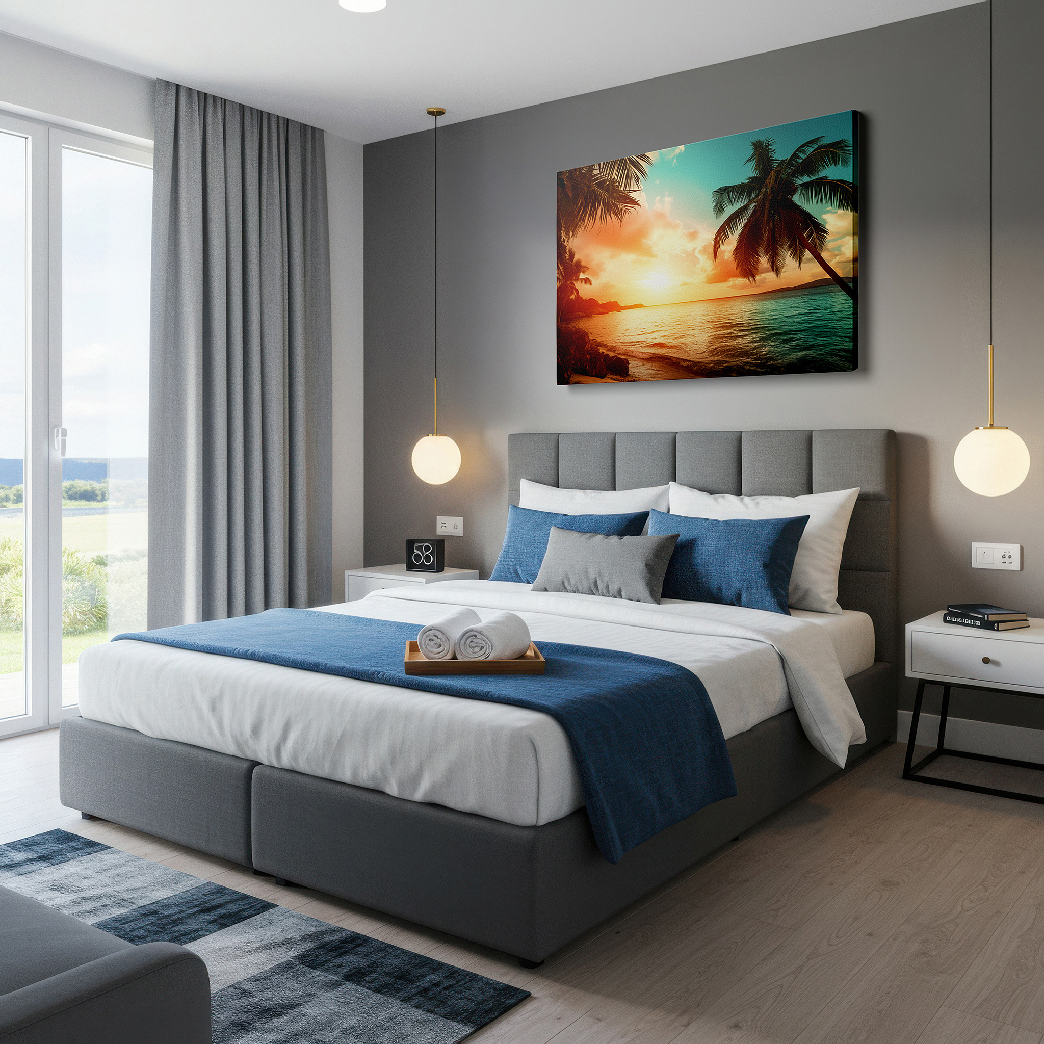 Bold and expansive at 90×60 cm — ideal for making a statement above large furniture — lone palm silhouette at sunset, orange and teal sky above calm ocean waves, large canvas wall art for home and office decor