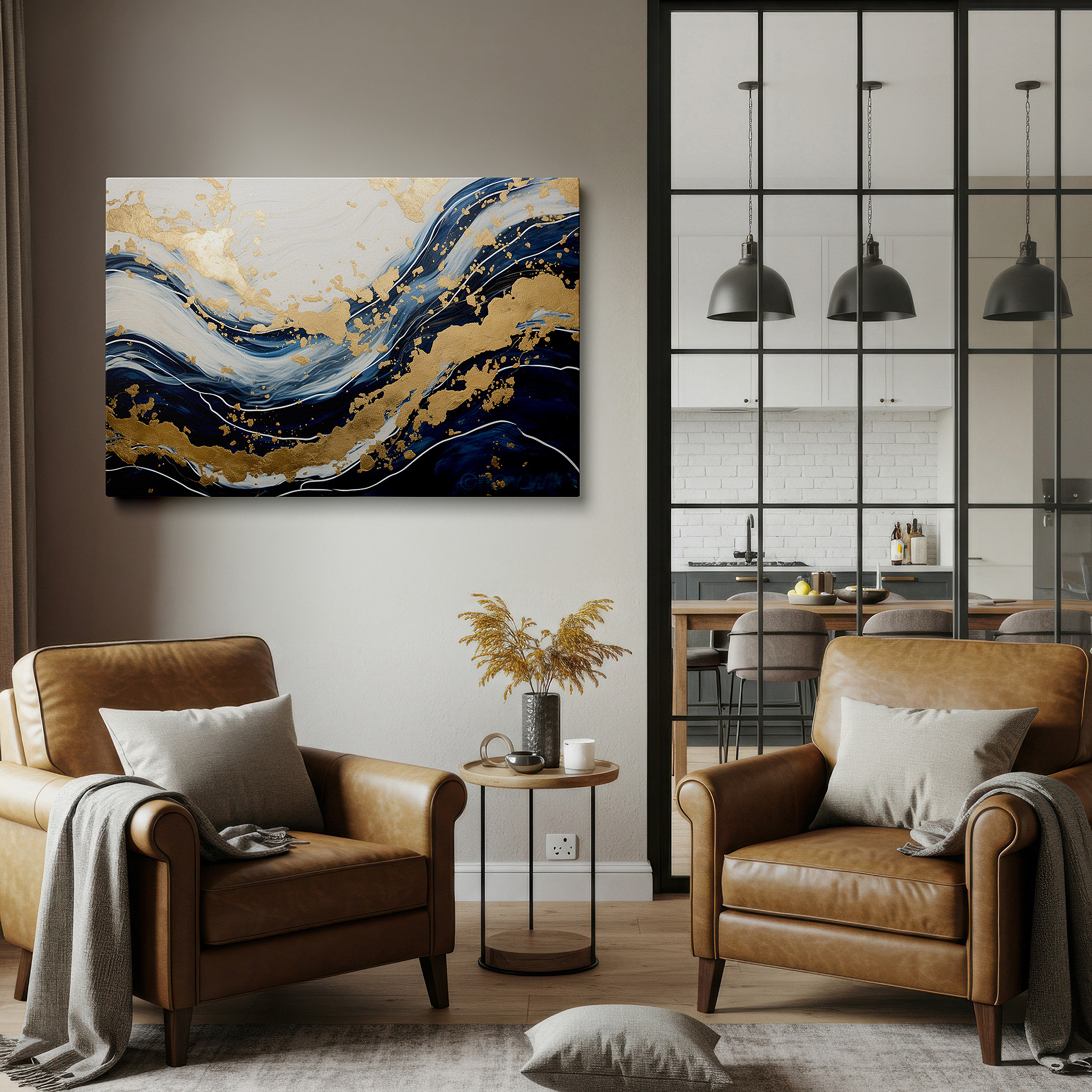 Bold and expansive at 90×60 cm — ideal for making a statement above large furniture — luxurious large wall art featuring dynamic ocean waves in blue and white with gold leaf accents, perfect for office or bedroom decor