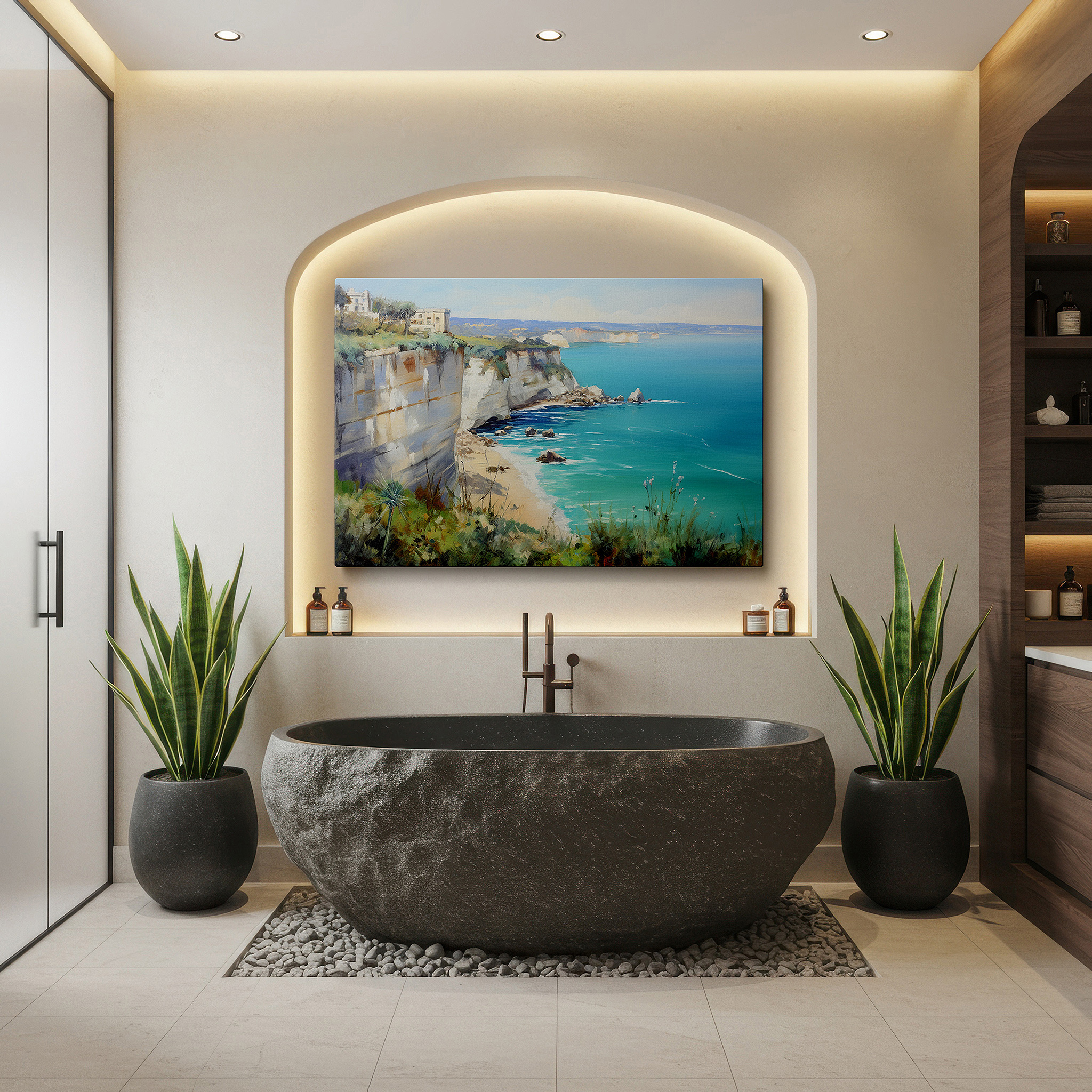 Bold and expansive at 90×60 cm — ideal for making a statement above large furniture — majestic cliffs and crystalline waters: a serene coastal escape - large wall art, canvas wall art, wall decor for office and bedroom