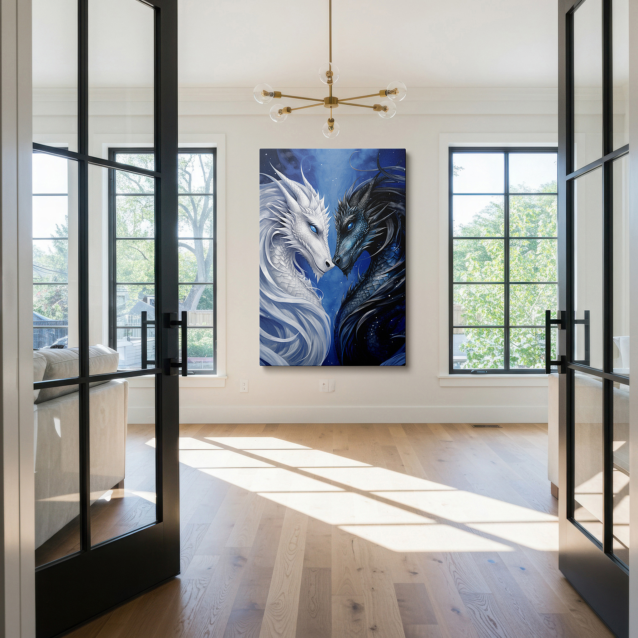 Bold and expansive at 90×60 cm — ideal for making a statement above large furniture — majestic dragons in celestial dance: the eternal struggle of good vs. evil - large canvas wall art for office and bedroom decor