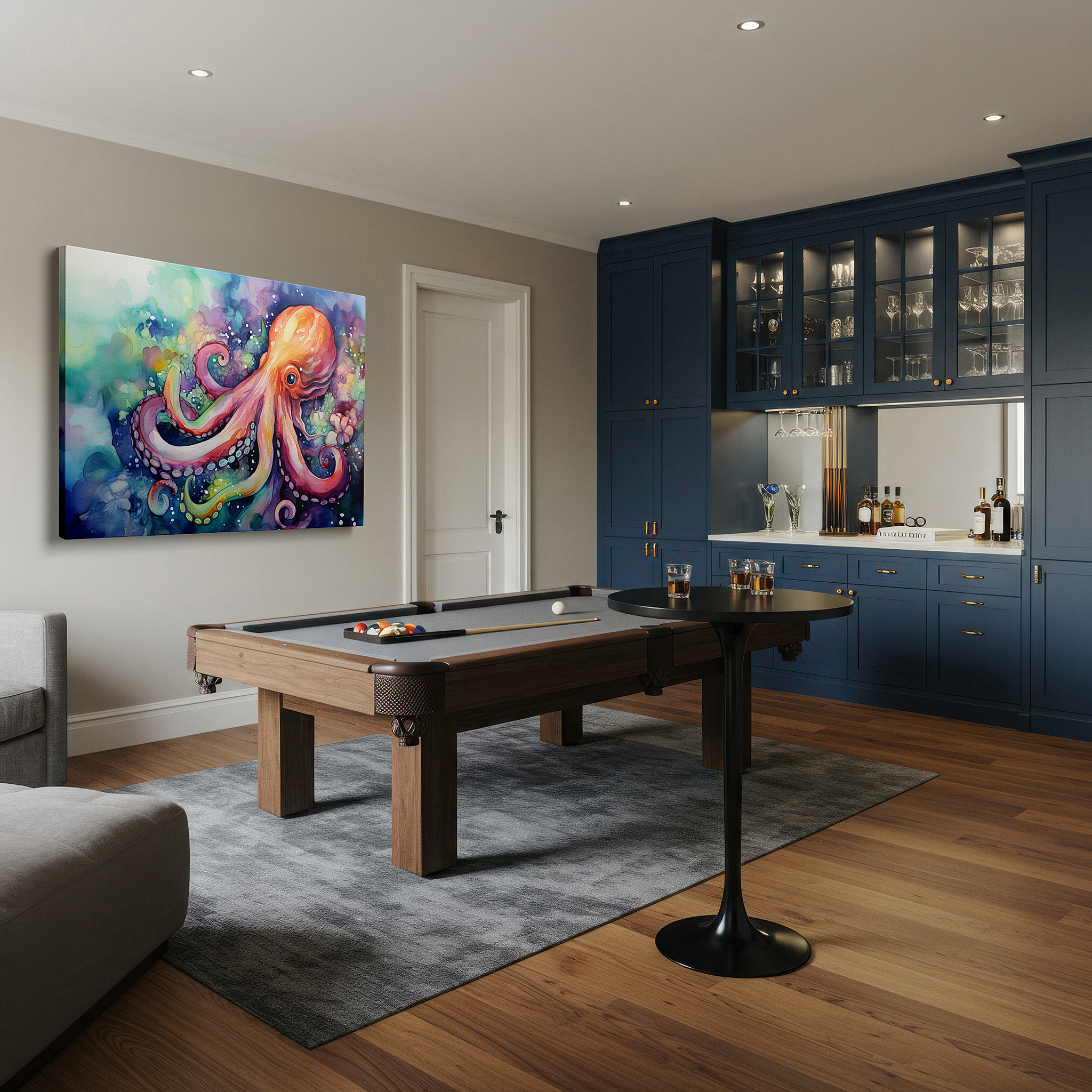 Bold and expansive at 90×60 cm — ideal for making a statement above large furniture — majestic octopus and vibrant underwater city beneath soft sunlit waves large wall art, canvas wall art, wall decor for office and bedroom