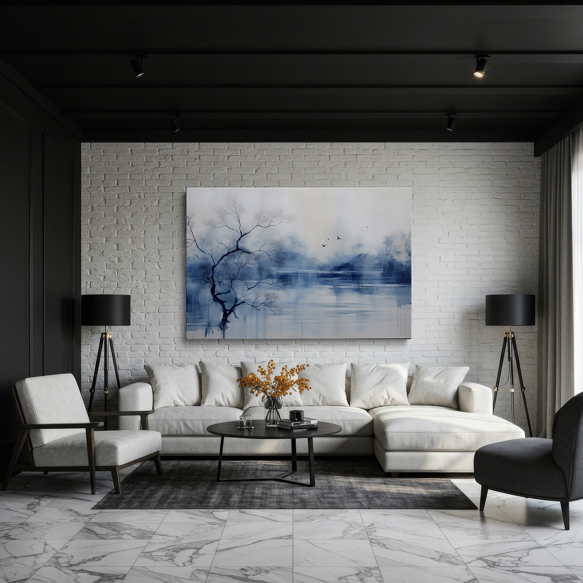 Bold and expansive at 90×60 cm — ideal for making a statement above large furniture — misty mountains and serene lake tranquil landscape large canvas wall art for office, bedroom, and living room decor