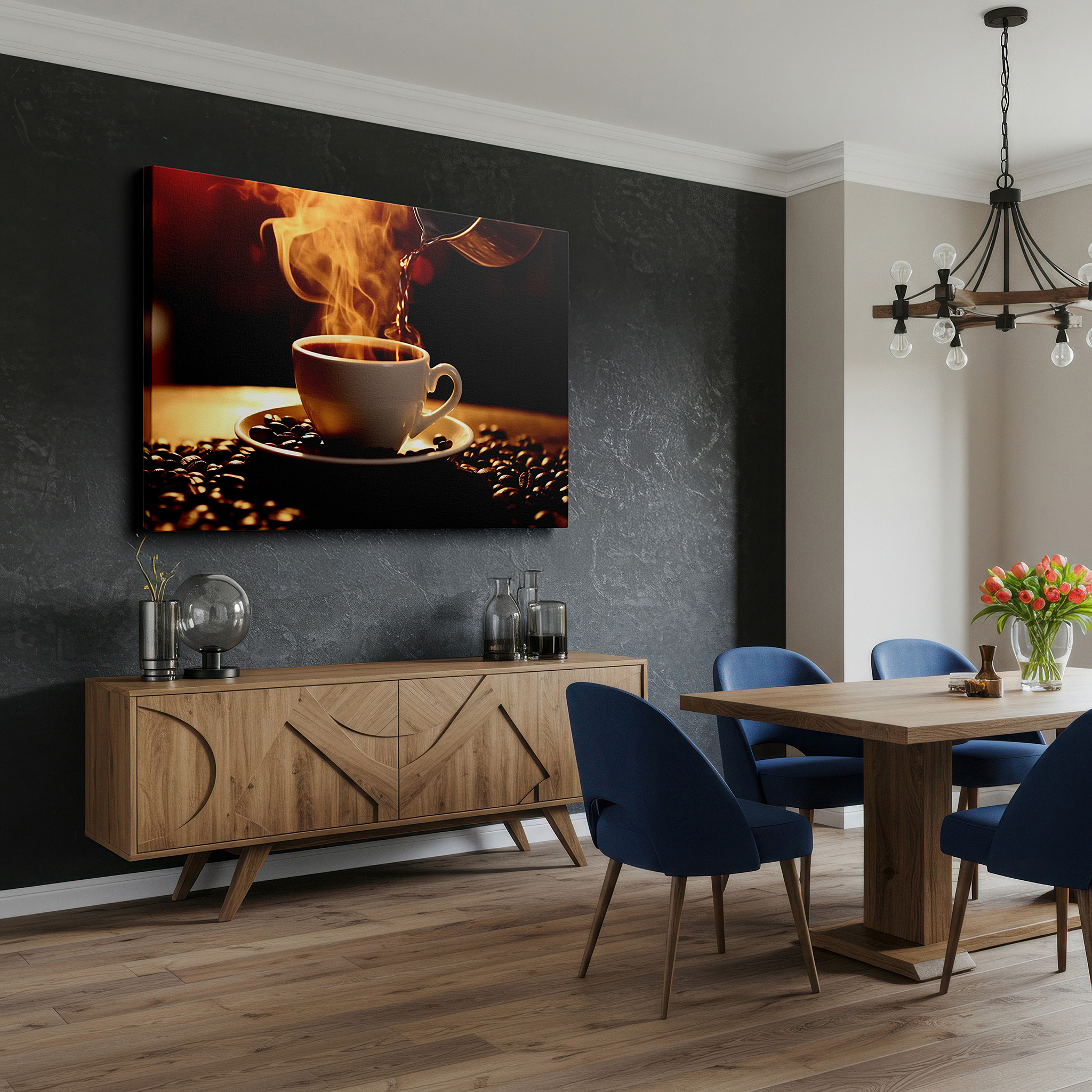 Bold and expansive at 90×60 cm — ideal for making a statement above large furniture — morning ritual featuring steaming coffee and shiny beans large wall art, canvas wall decor, office wall decor, bedroom wall decor, living room wall art