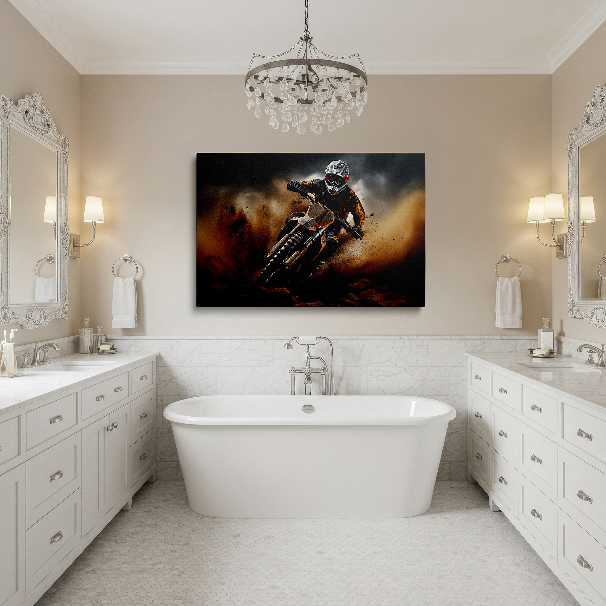 Bold and expansive at 90×60 cm — ideal for making a statement above large furniture — motocross mastery wall art: large canvas depicting high-flying action amidst dust and drama under a spacious sky, perfect for office or bedroom decor