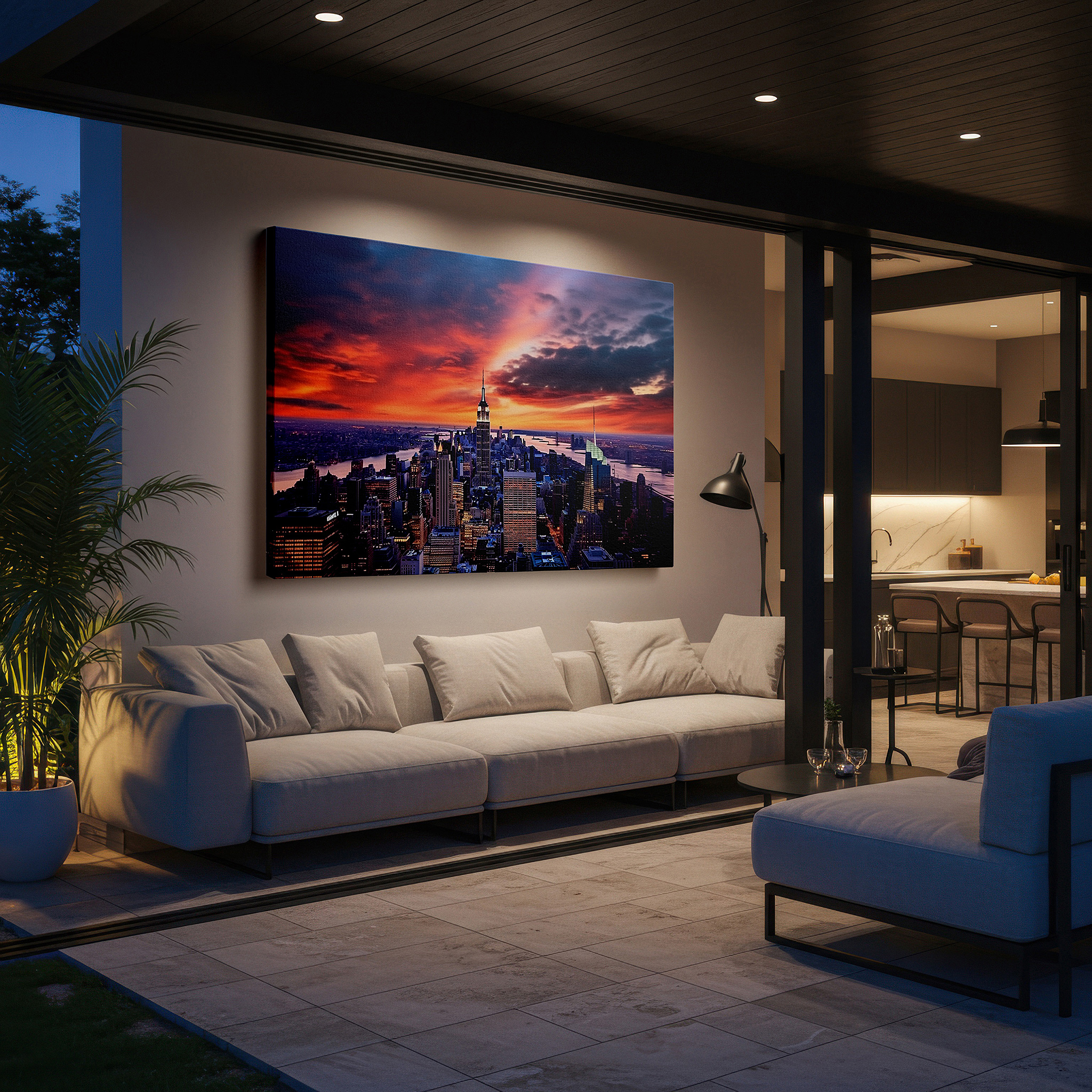 Bold and expansive at 90×60 cm — ideal for making a statement above large furniture — new york city at sunset: vibrant light and shadow dance across iconic skylines - large wall art, canvas wall art, wall decor for office