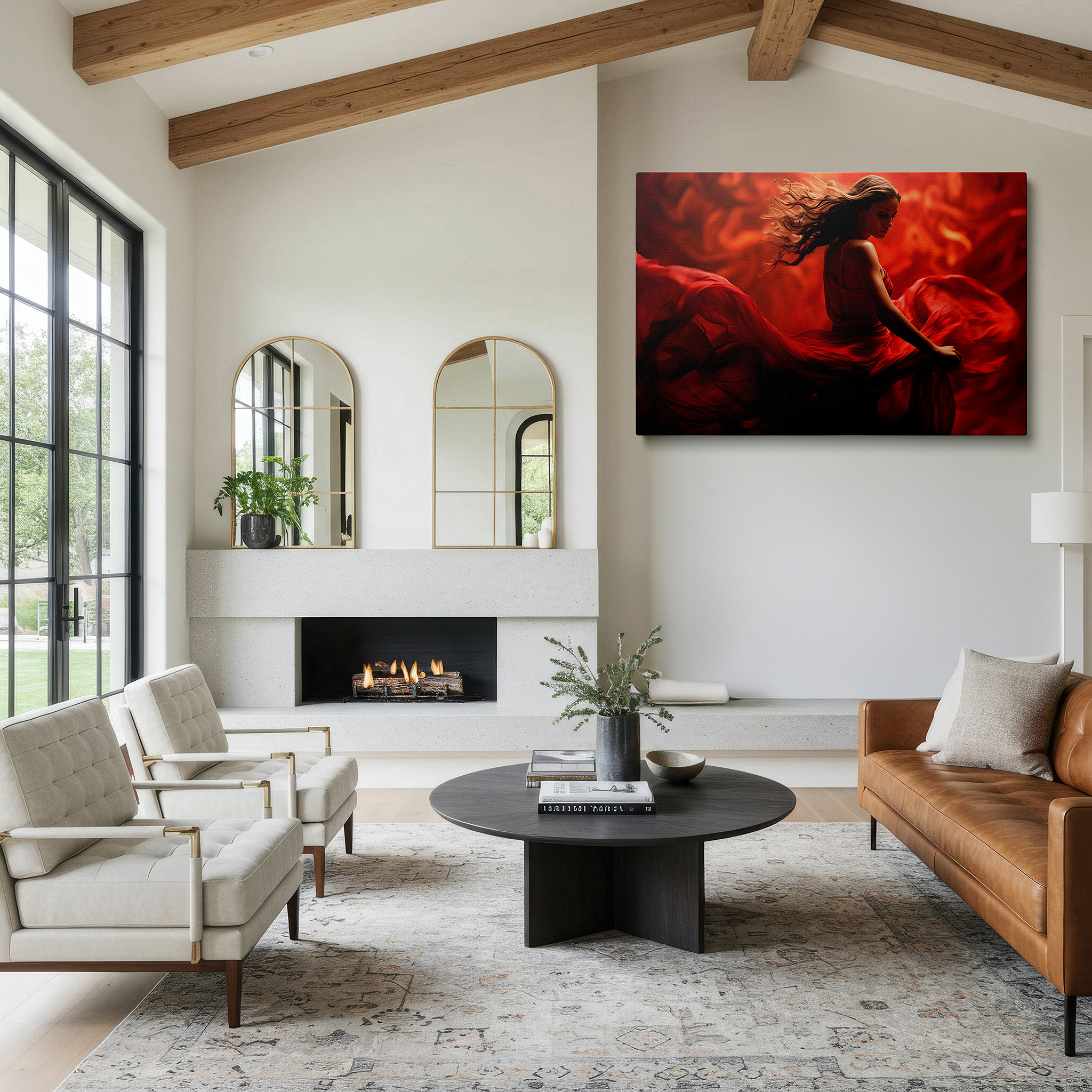 Bold and expansive at 90×60 cm — ideal for making a statement above large furniture — passionate dance in flowing red dress wall art, large canvas decor for office, bedroom, and living room