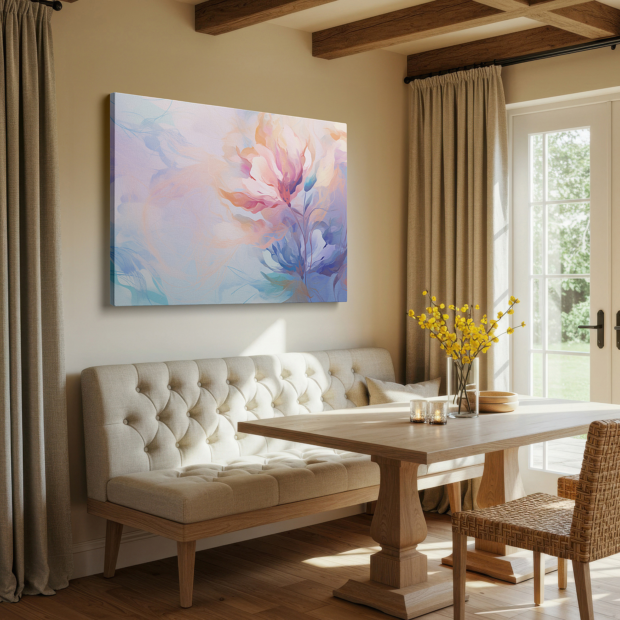 Bold and expansive at 90×60 cm — ideal for making a statement above large furniture — pastel floral dream abstract: tranquil sanctuary large wall art, canvas decor for office and bedroom