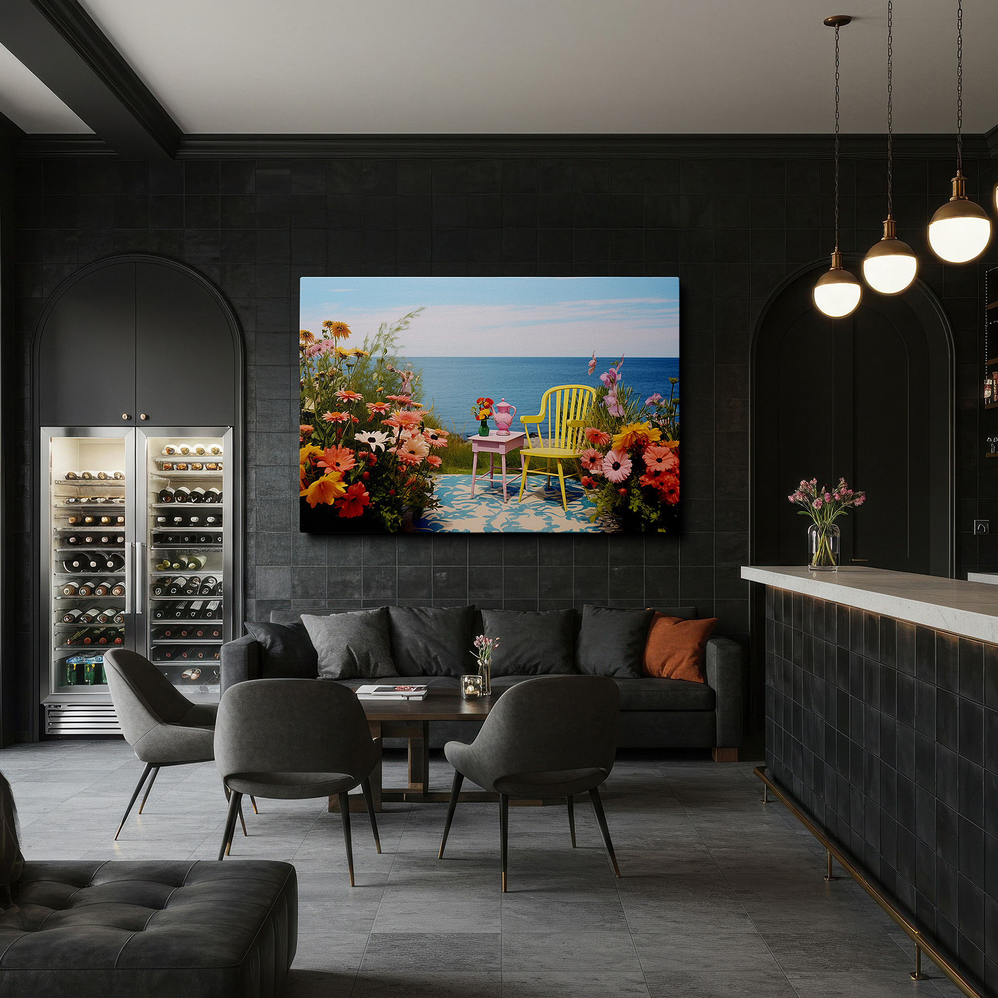Bold and expansive at 90×60 cm — ideal for making a statement above large furniture — a peaceful coastal retreat featuring bright summer hues and calm ocean views: large wall art, canvas wall art, wall decor for offices and bedrooms