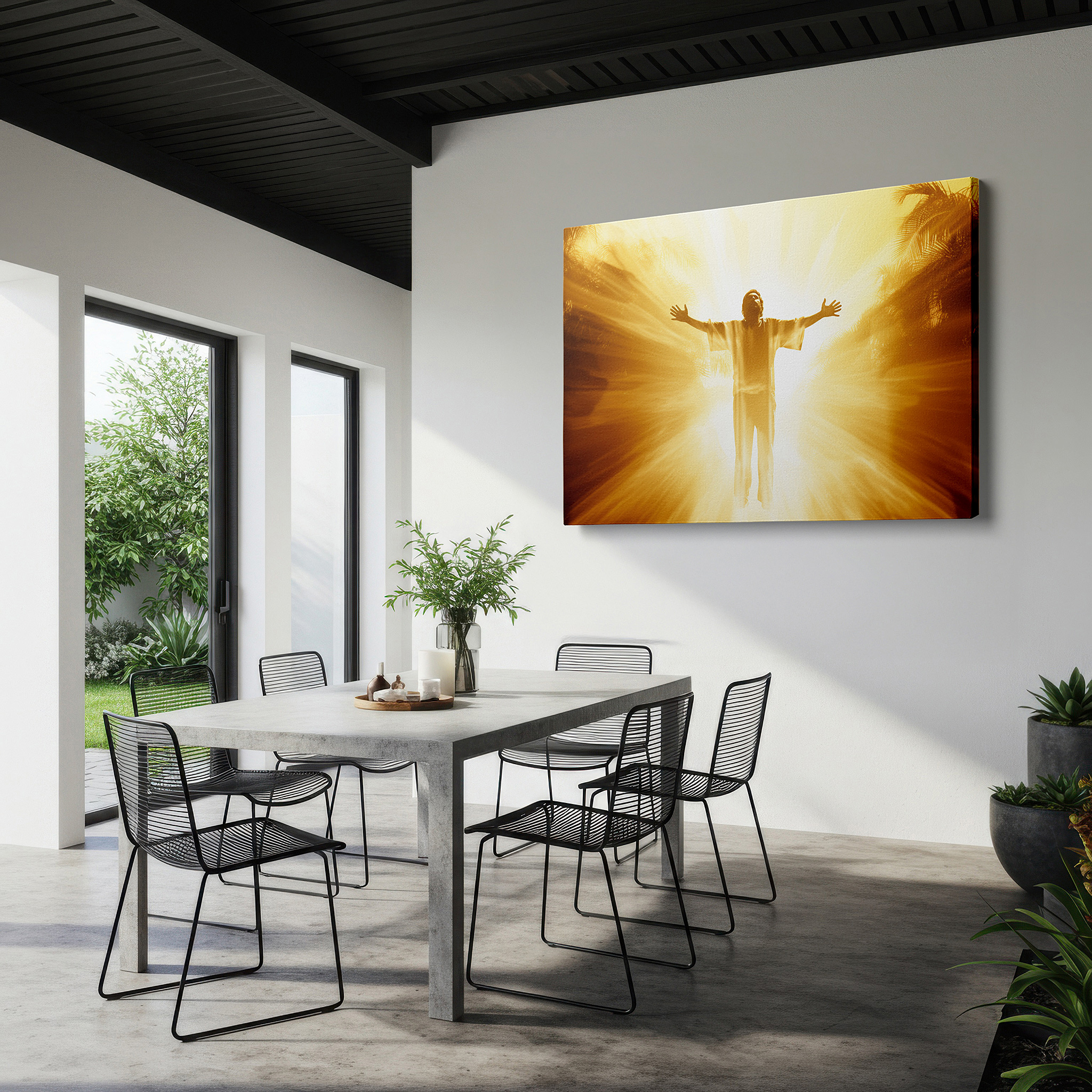 Bold and expansive at 90×60 cm — ideal for making a statement above large furniture — radiant figure in spiritual embrace: large canvas wall art featuring halo of light and shadows, ideal for office, living room, or bedroom decor