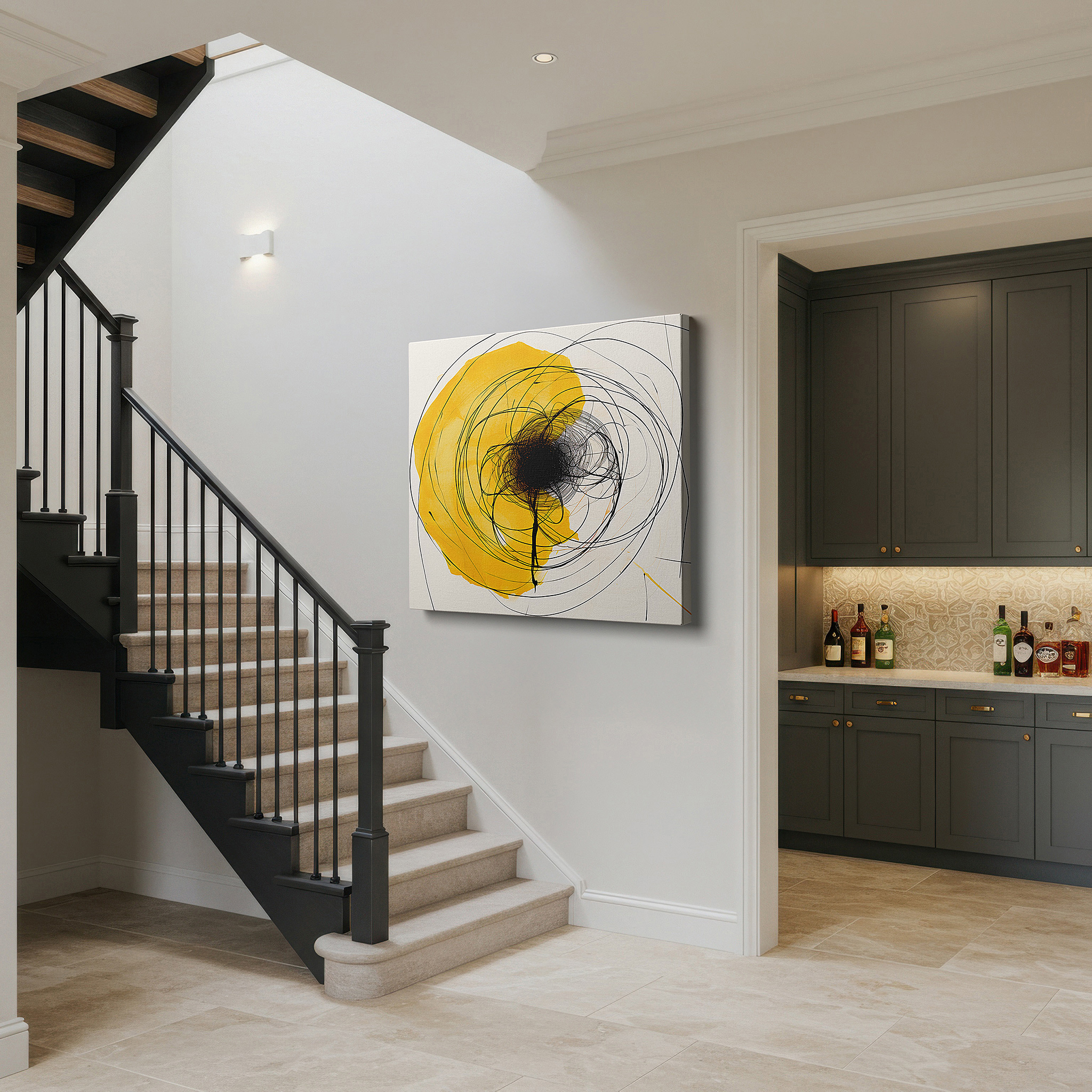 Bold and expansive at 90×60 cm — ideal for making a statement above large furniture — radiant yellow spiral chaos and creativity large canvas wall art for office and bedroom decor