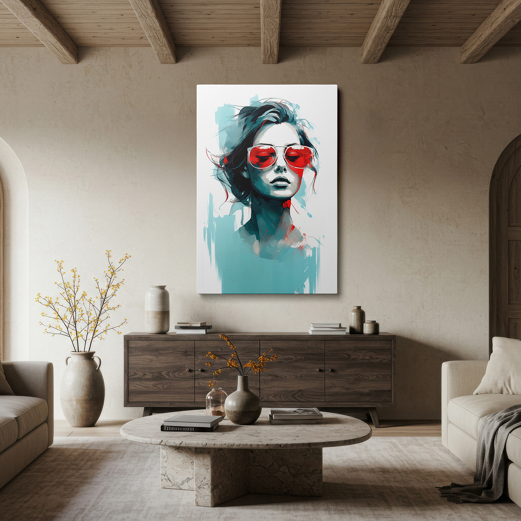 Bold and expansive at 90×60 cm — ideal for making a statement above large furniture — red sunglasses: a portrait of modern femininity, style, and confidence - chic large wall art for home and office decor