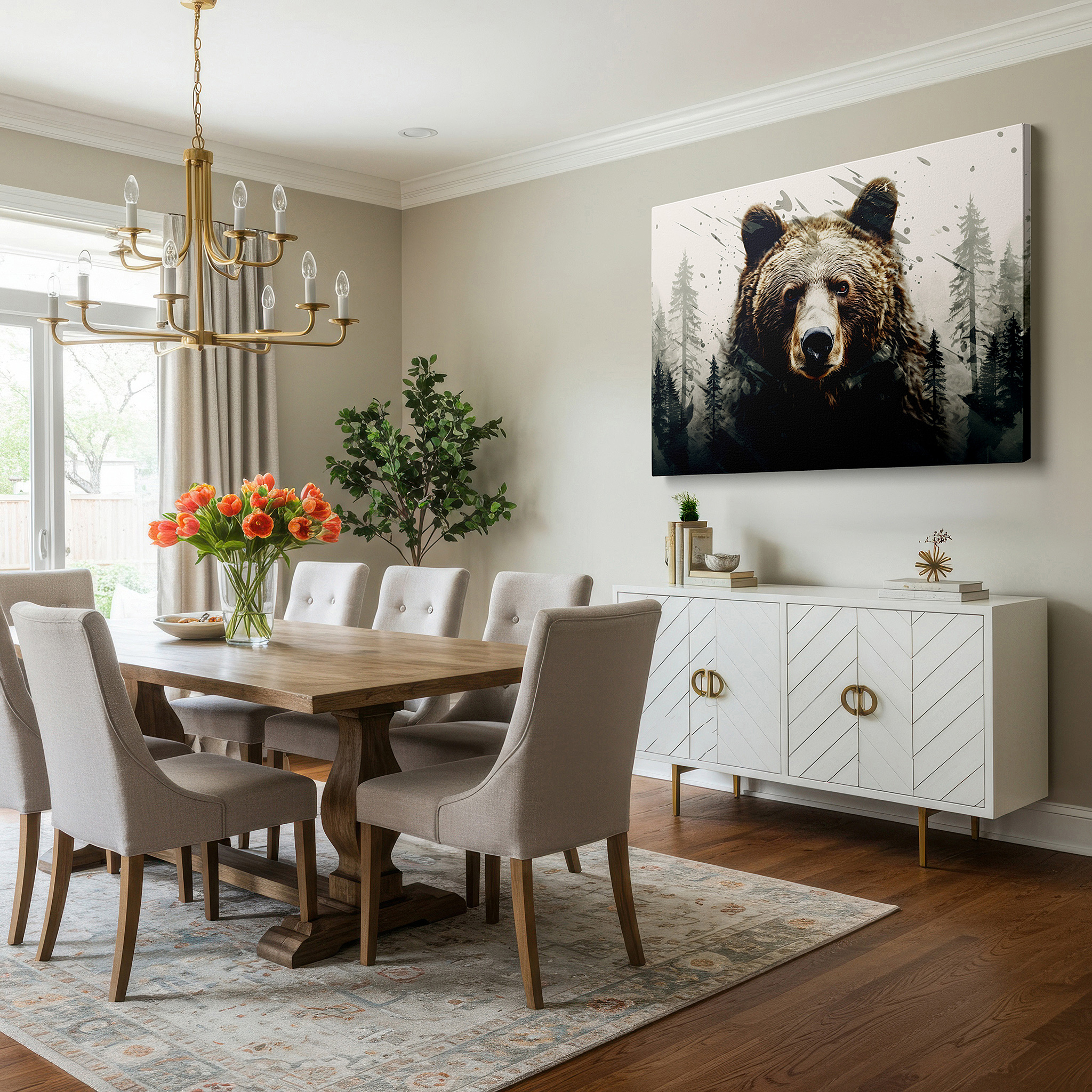 Bold and expansive at 90×60 cm — ideal for making a statement above large furniture — resilient and tranquil bear amidst abstract energy large canvas wall art for office, bedroom, and living room decor