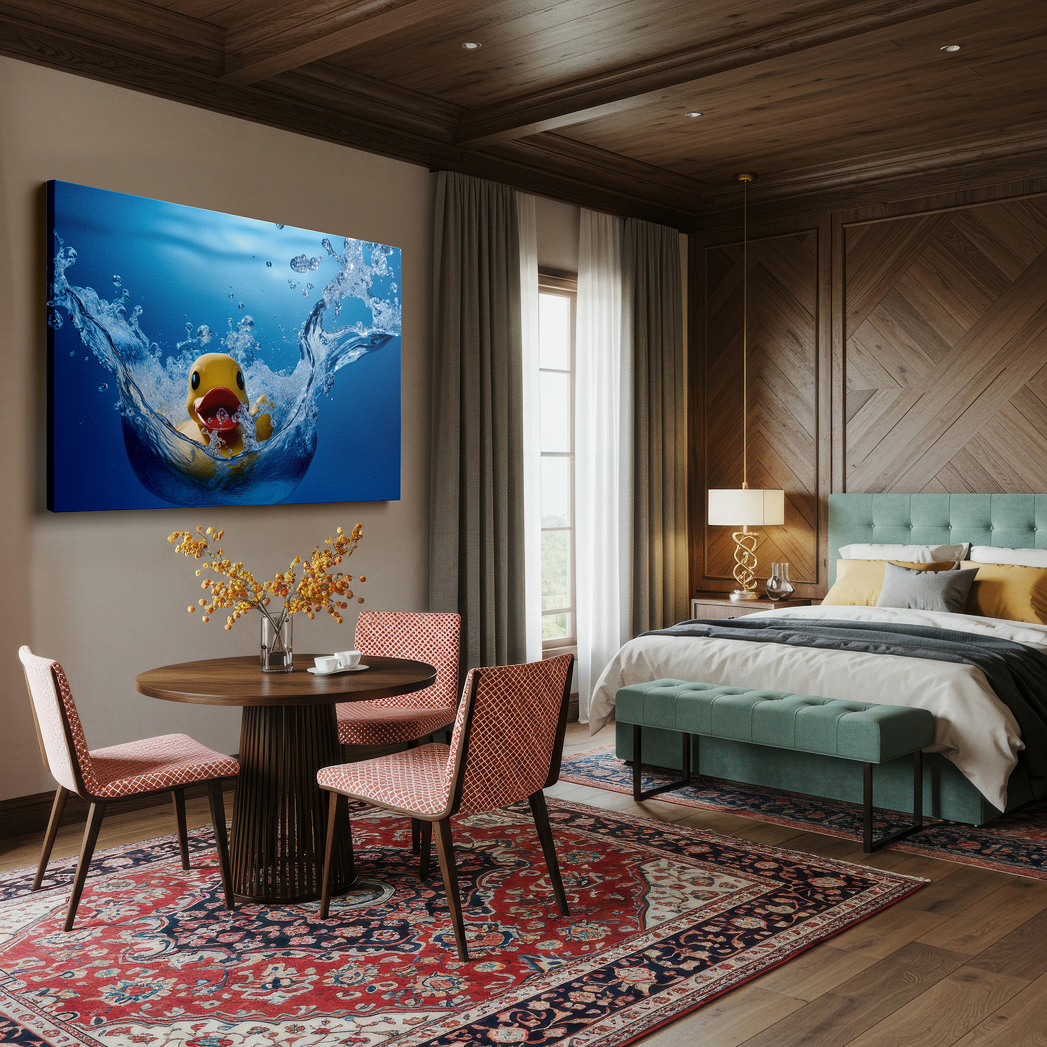 Bold and expansive at 90×60 cm — ideal for making a statement above large furniture — rubber duck wall art: dive into joy with a playful rubber duck in crystal-clear waters - large canvas art for home and office decor
