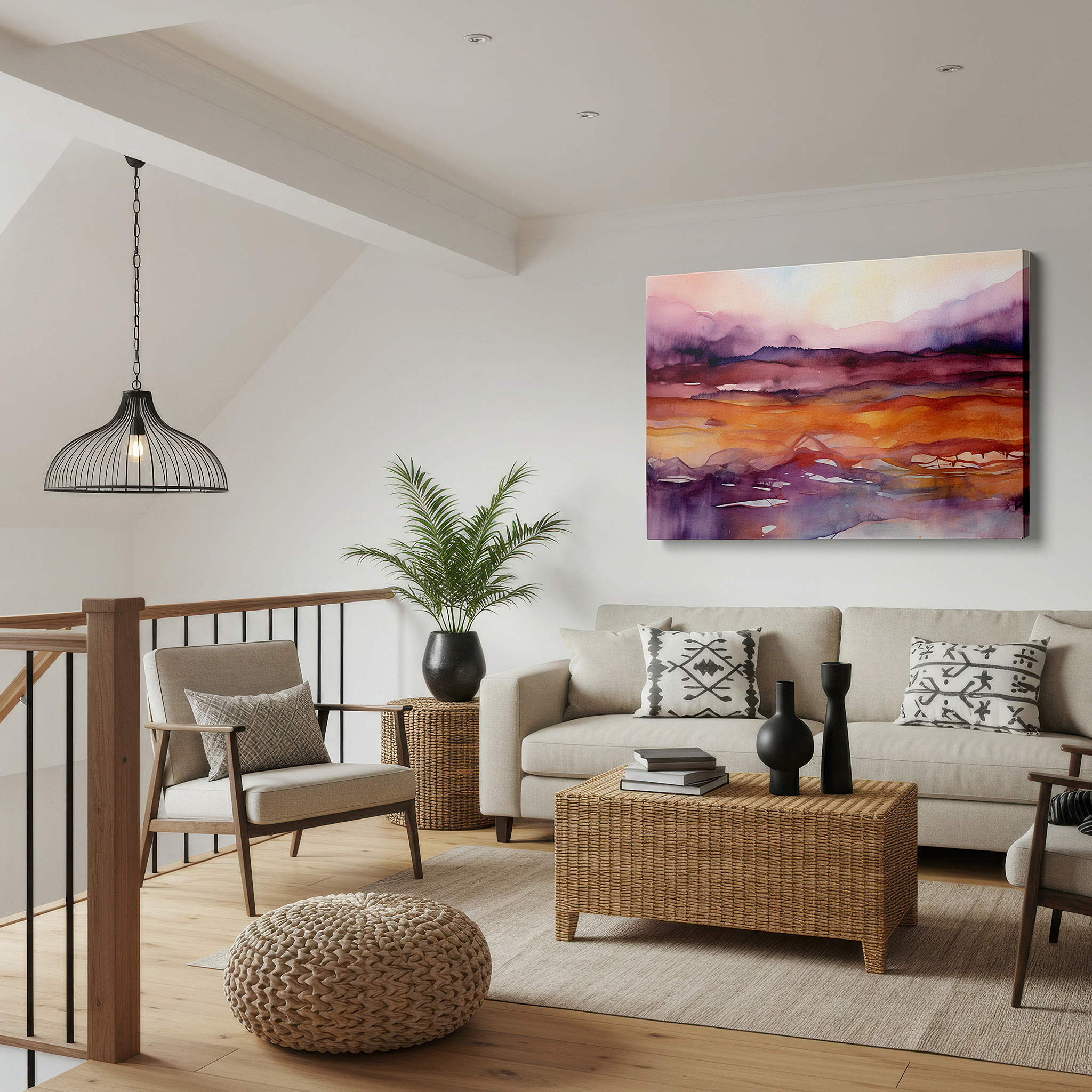 Bold and expansive at 90×60 cm — ideal for making a statement above large furniture — serene abstract landscape with soft edges and warm gradient hues, large canvas wall art for home and office decor