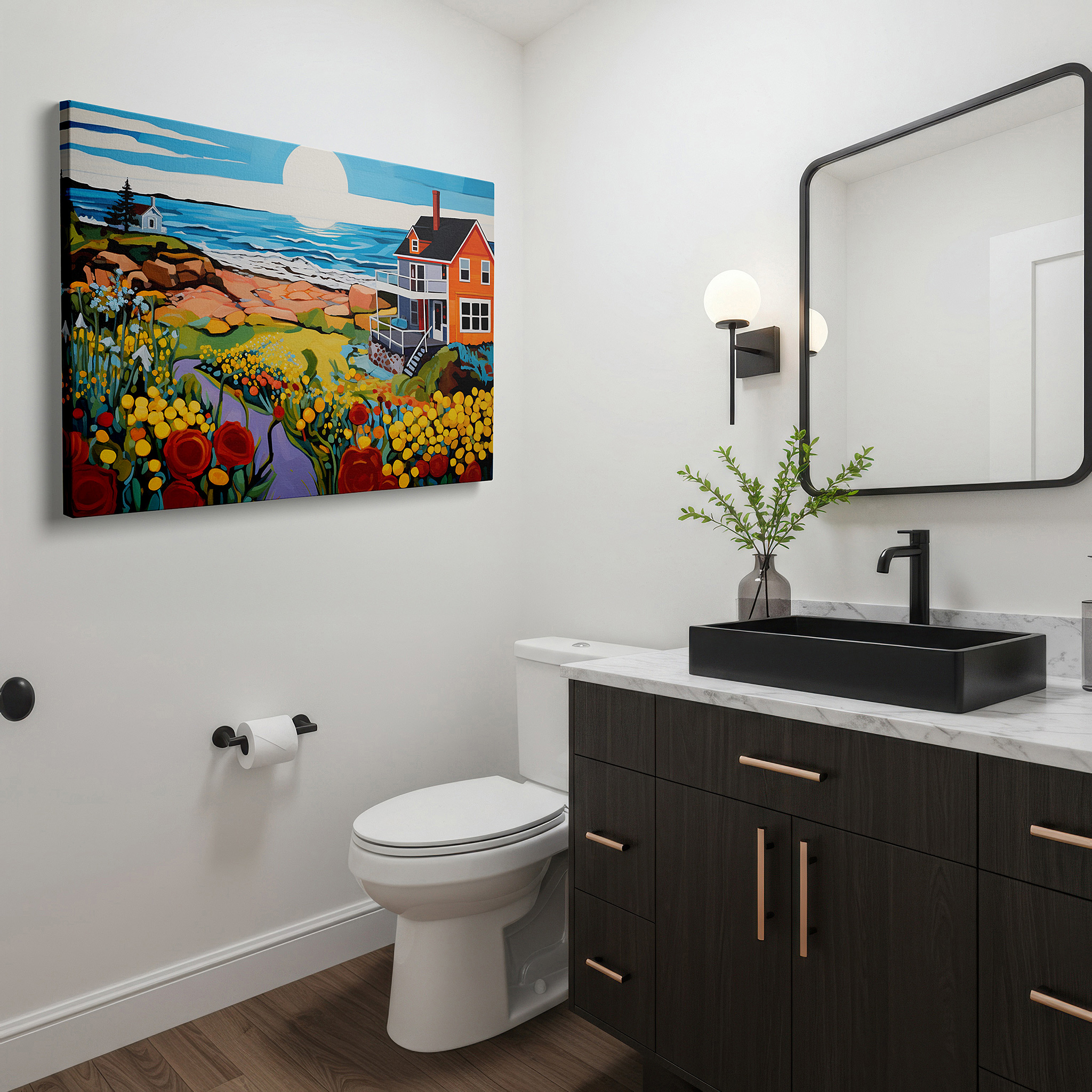 Bold and expansive at 90×60 cm — ideal for making a statement above large furniture — serene beach house scene: tranquil coastal elegance and nature's vibrant beauty in large canvas wall art for home and office decor