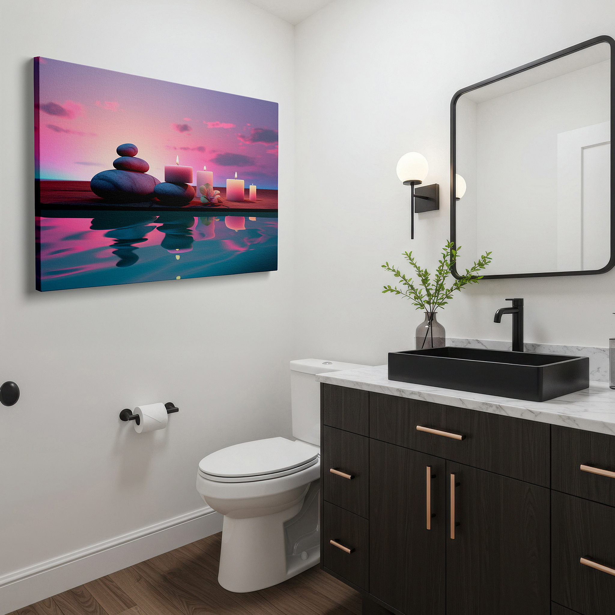 Bold and expansive at 90×60 cm — ideal for making a statement above large furniture — serene dusk wall art: smooth stones and flickering candles under a vibrant sunset sky - large canvas wall art for office and bedroom decor