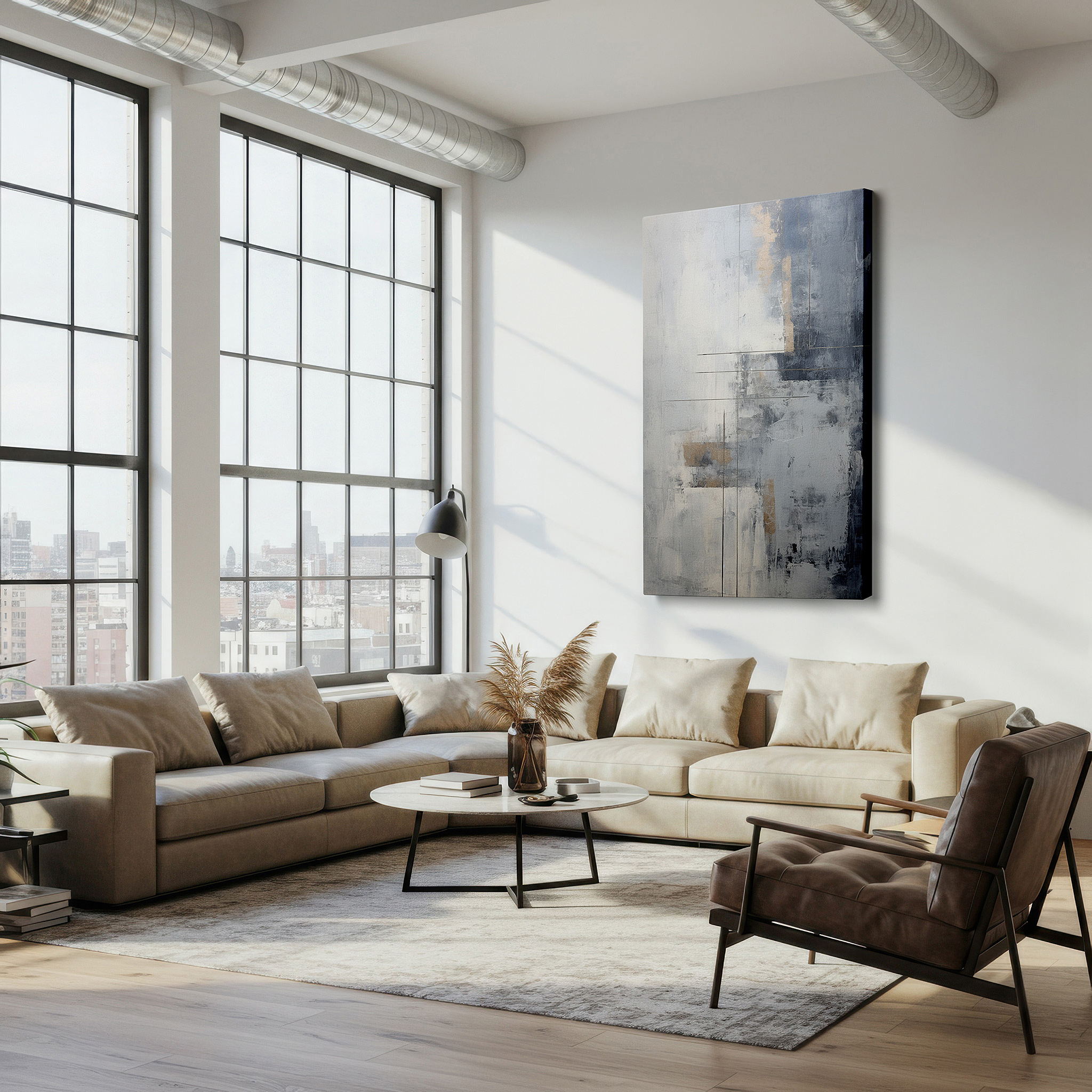 Bold and expansive at 90×60 cm — ideal for making a statement above large furniture — serene grays and blues blend in a peaceful abstract large wall art, canvas wall art, wall decor for office, bedroom, and living room