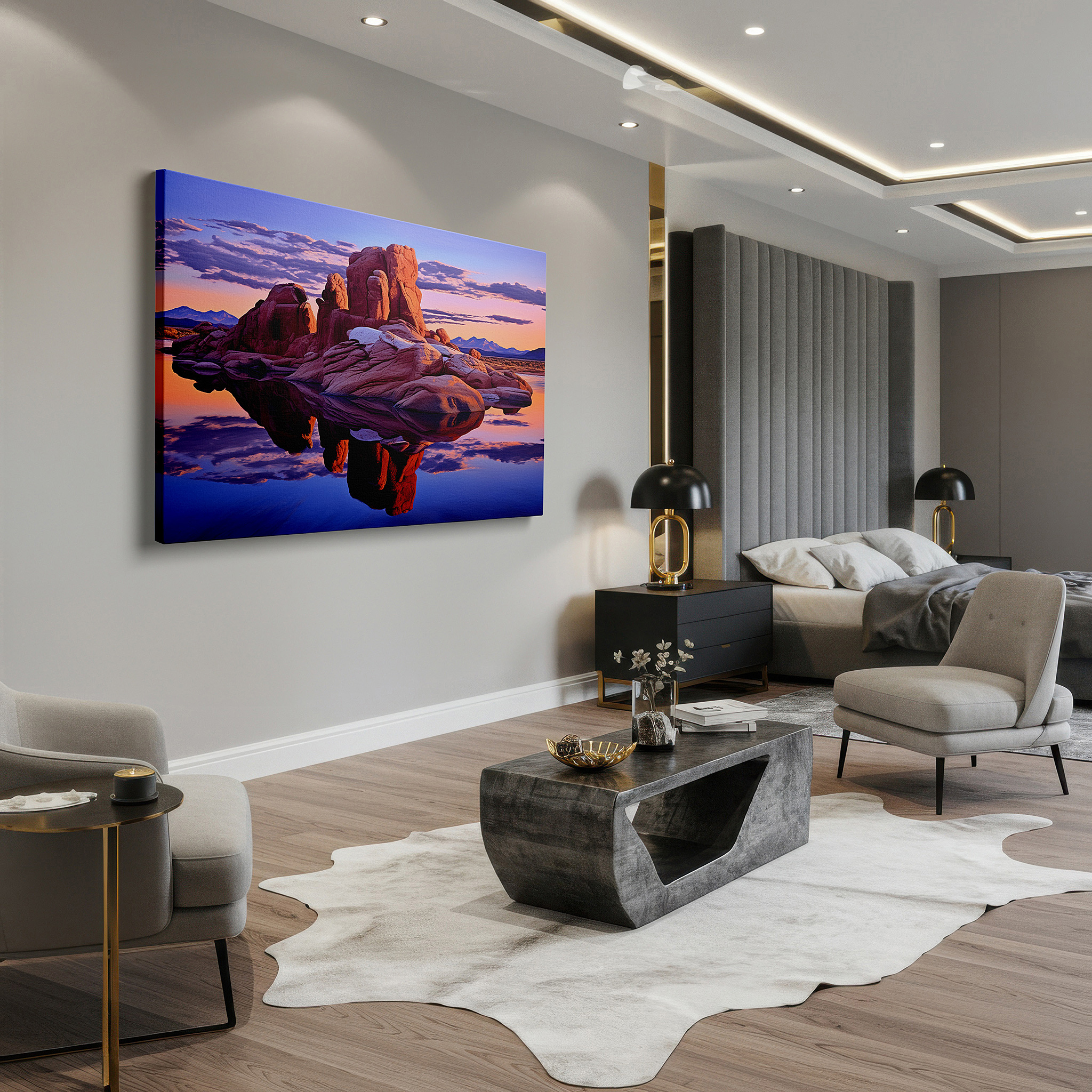 Bold and expansive at 90×60 cm — ideal for making a statement above large furniture — serene lake at majestic dusk with towering rock formations reflecting the sunset's glow - large canvas wall art for office decor