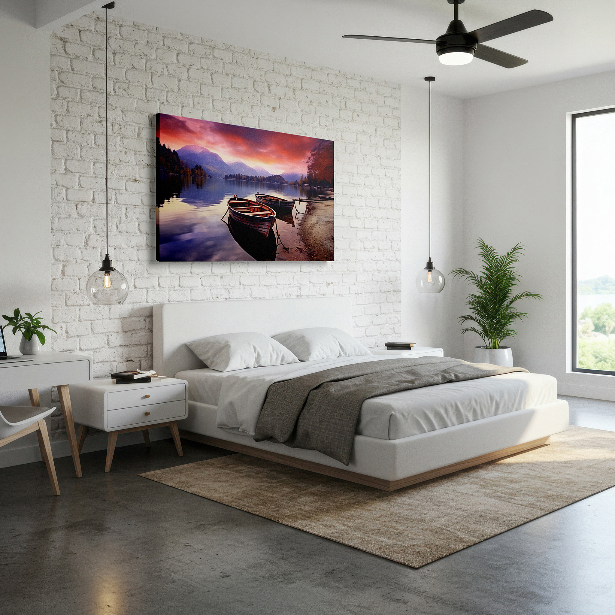 Bold and expansive at 90×60 cm — ideal for making a statement above large furniture — serene lakeside sunset featuring rowboats and stunning mountain reflections - large canvas wall art for office and bedroom decor