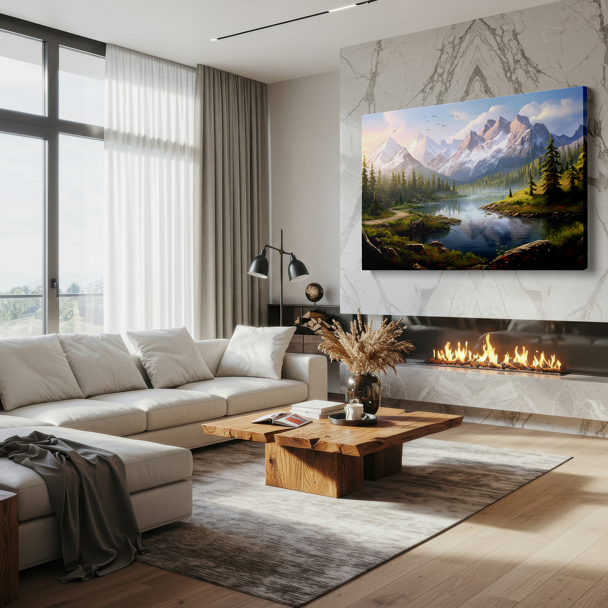 Bold and expansive at 90×60 cm — ideal for making a statement above large furniture — serene landscape with majestic mountains and tranquil lake reflections: large canvas wall art for office and bedroom decor