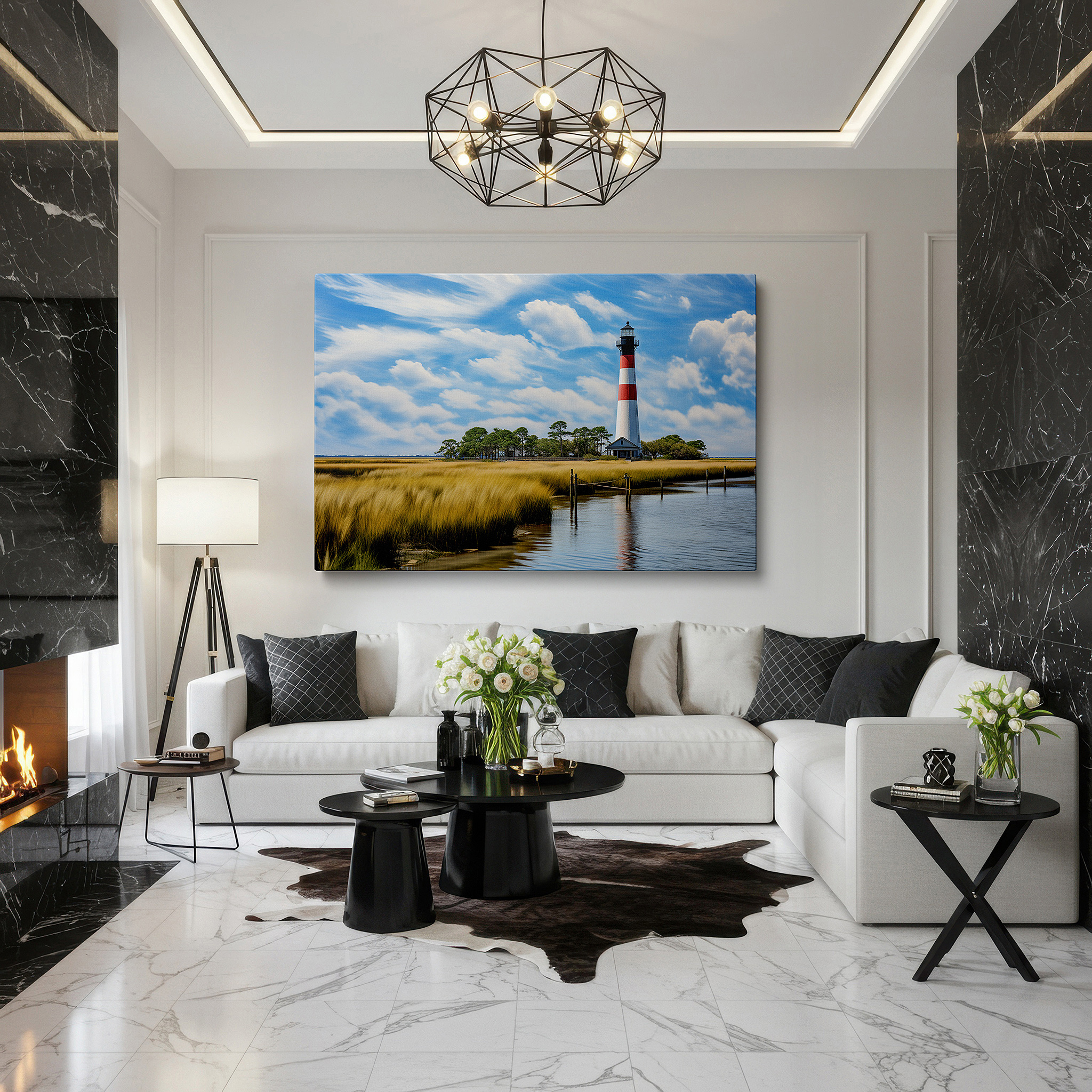 Bold and expansive at 90×60 cm — ideal for making a statement above large furniture — serene lighthouse in lush settings: a symbol of peace and hope - large canvas wall art