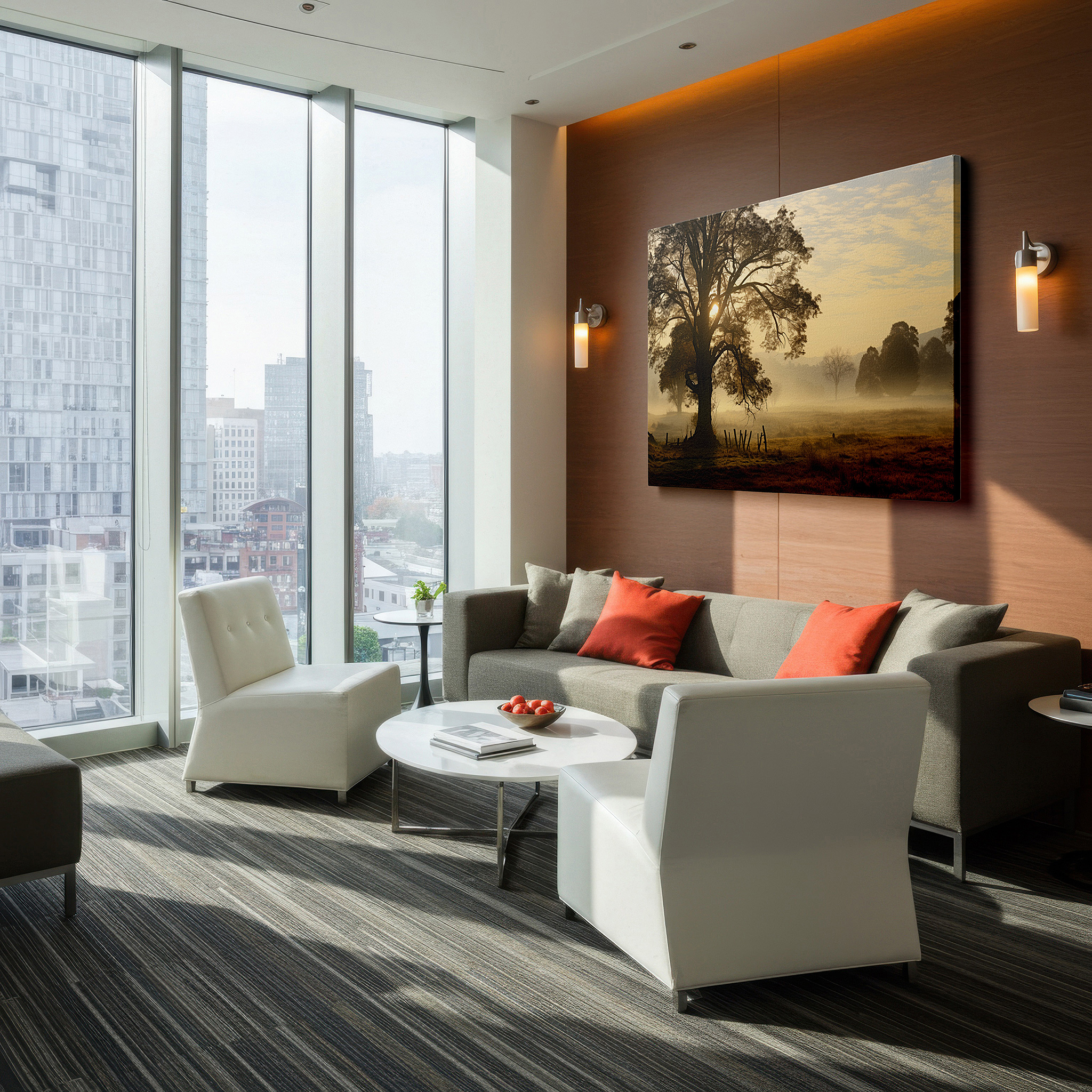 Bold and expansive at 90×60 cm — ideal for making a statement above large furniture — serene morning scene with misty tree and soft pastel sky - large canvas wall art for office and bedroom decor