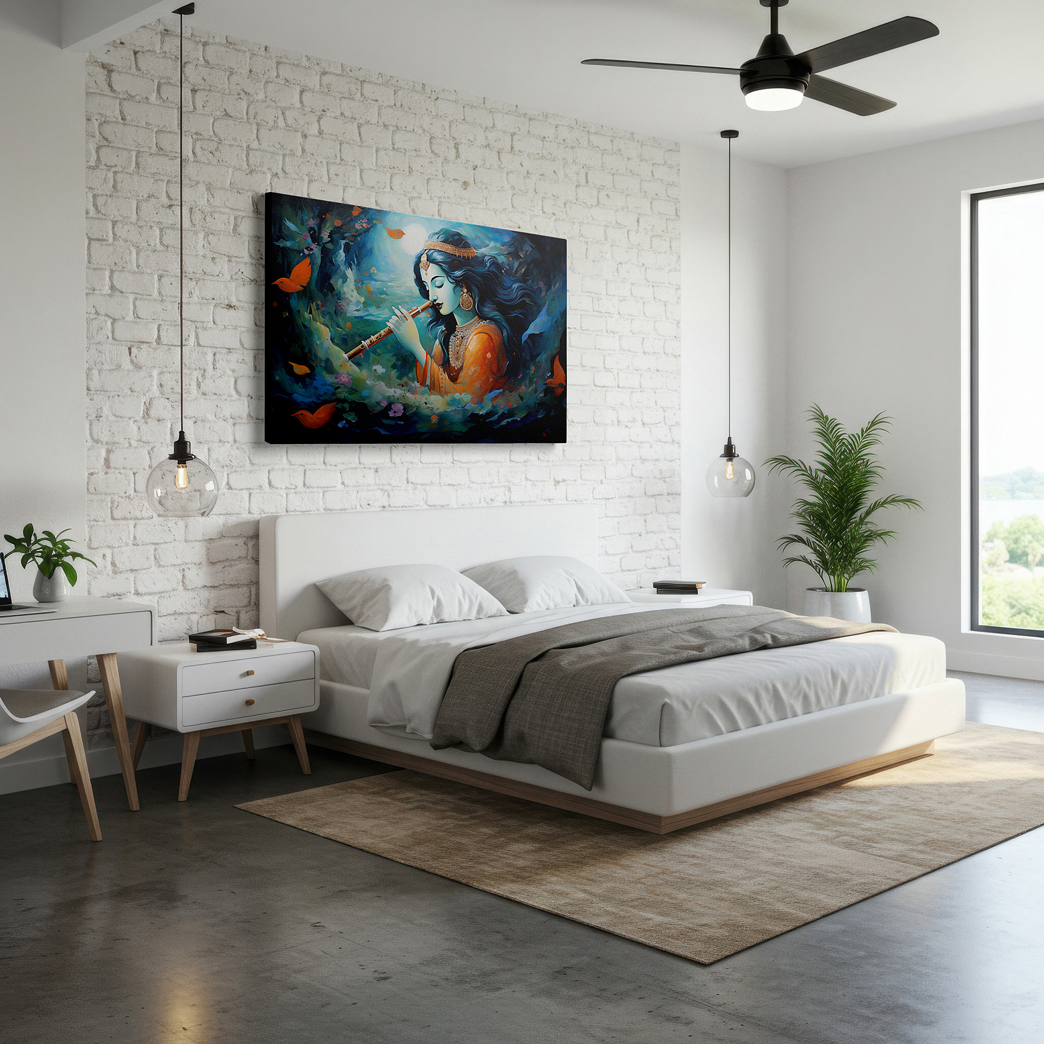Bold and expansive at 90×60 cm — ideal for making a statement above large furniture — serene nature melodies - woman in orange playing flute with birds, large blue background canvas wall art for office decor
