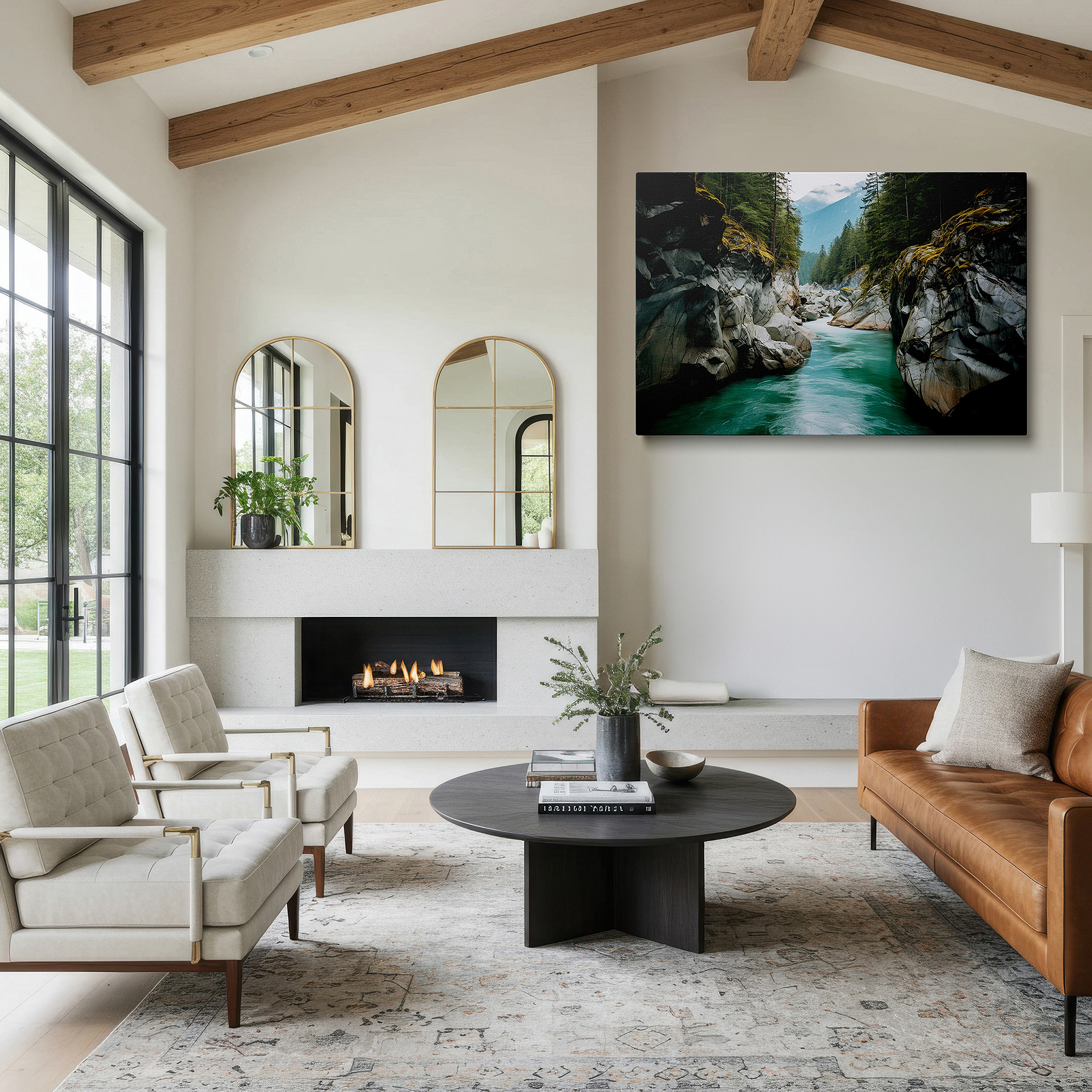 Bold and expansive at 90×60 cm — ideal for making a statement above large furniture — serene river streaming through grand rocks beneath mystical mountain fog - oversized canvas wall art for office and bedroom decor