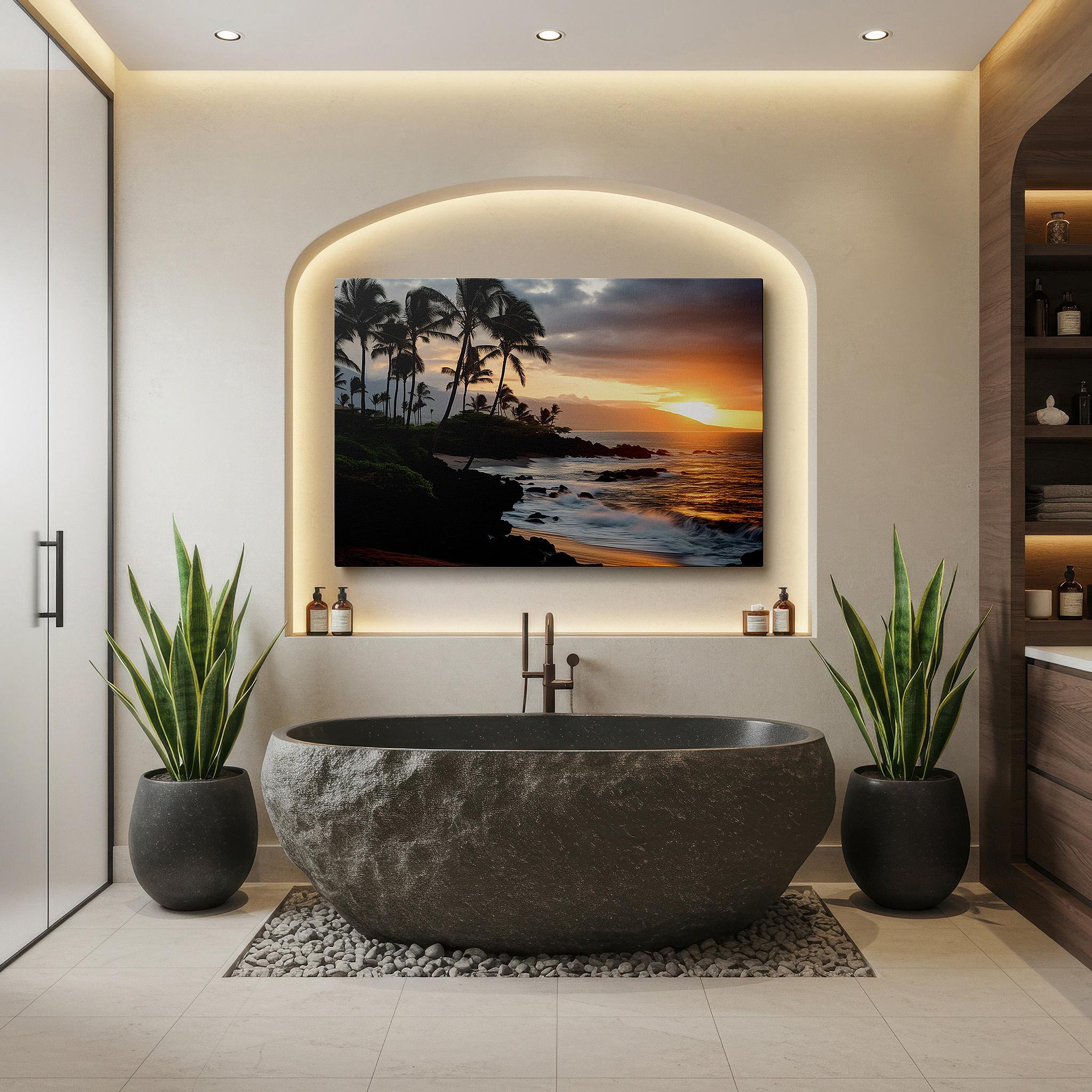 Bold and expansive at 90×60 cm — ideal for making a statement above large furniture — serene tropical beach at sunset - tranquil paradise with fiery skies and whispering palms large wall art, canvas wall art, wall art decor