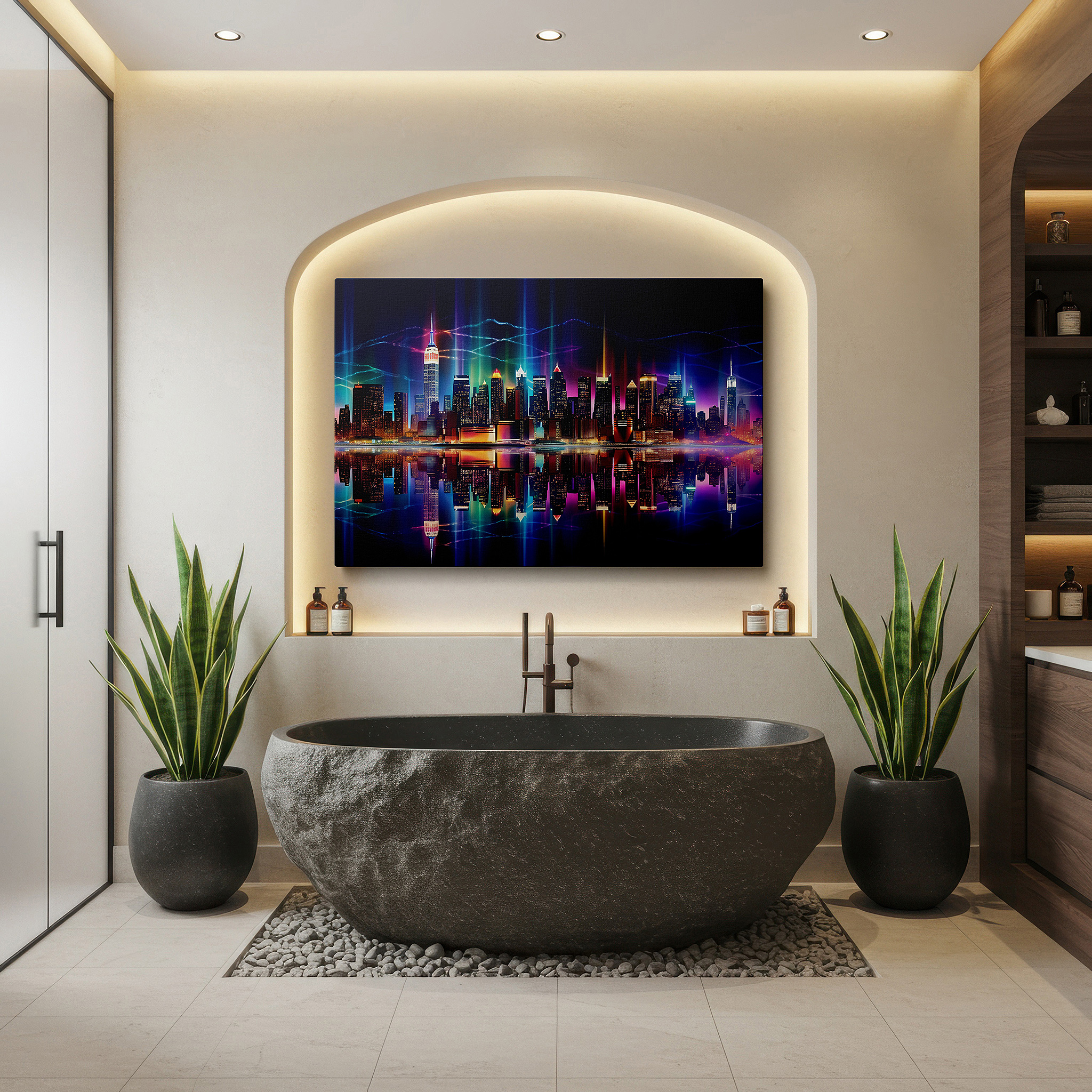 Bold and expansive at 90×60 cm — ideal for making a statement above large furniture — serene urban night canvas: vibrant skyline and reflective waters - large wall art for office and bedroom decor