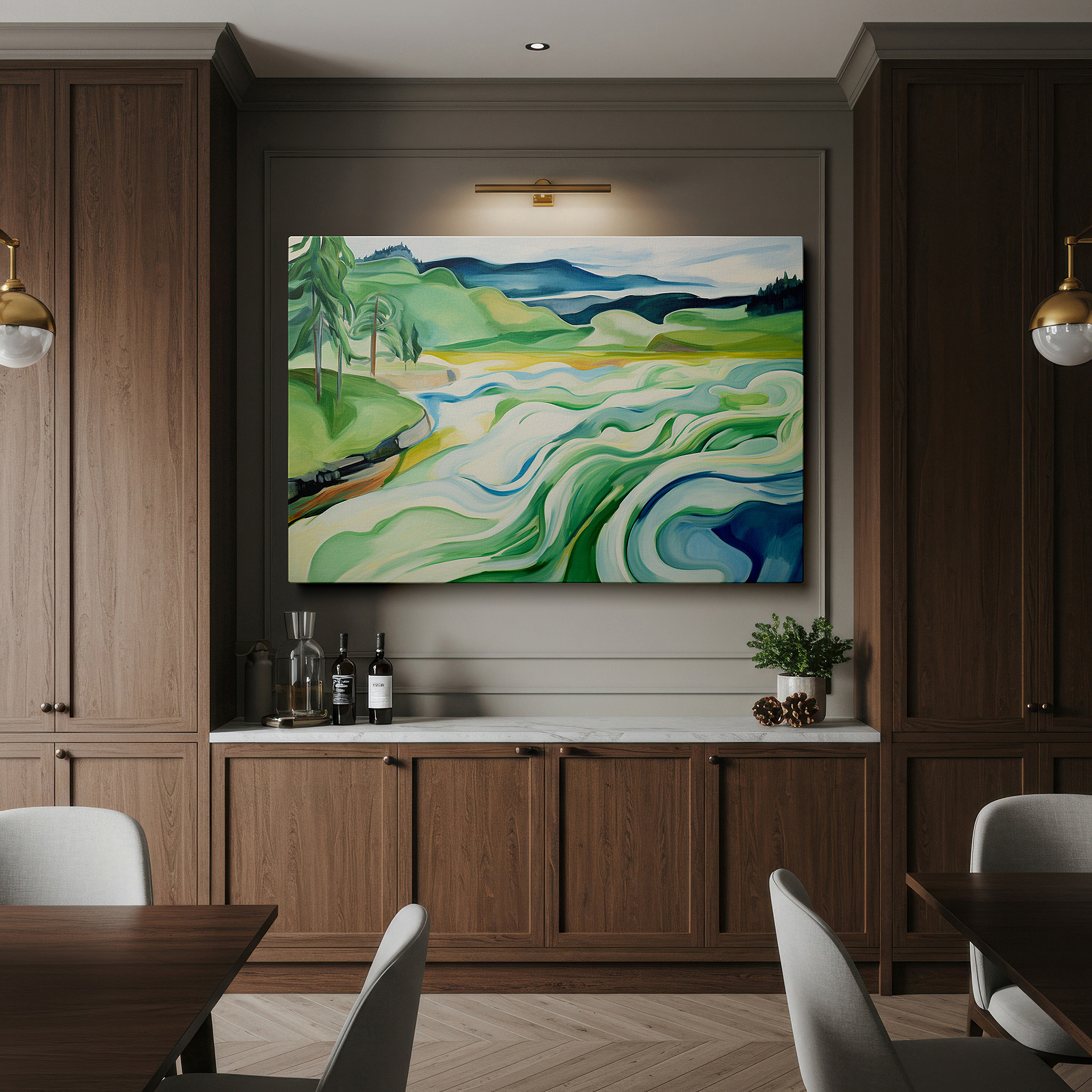 Bold and expansive at 90×60 cm — ideal for making a statement above large furniture — serene waterscape featuring gentle hills and soft waves - tranquil mix of soft colors and abstract shapes, large wall art, canvas wall art