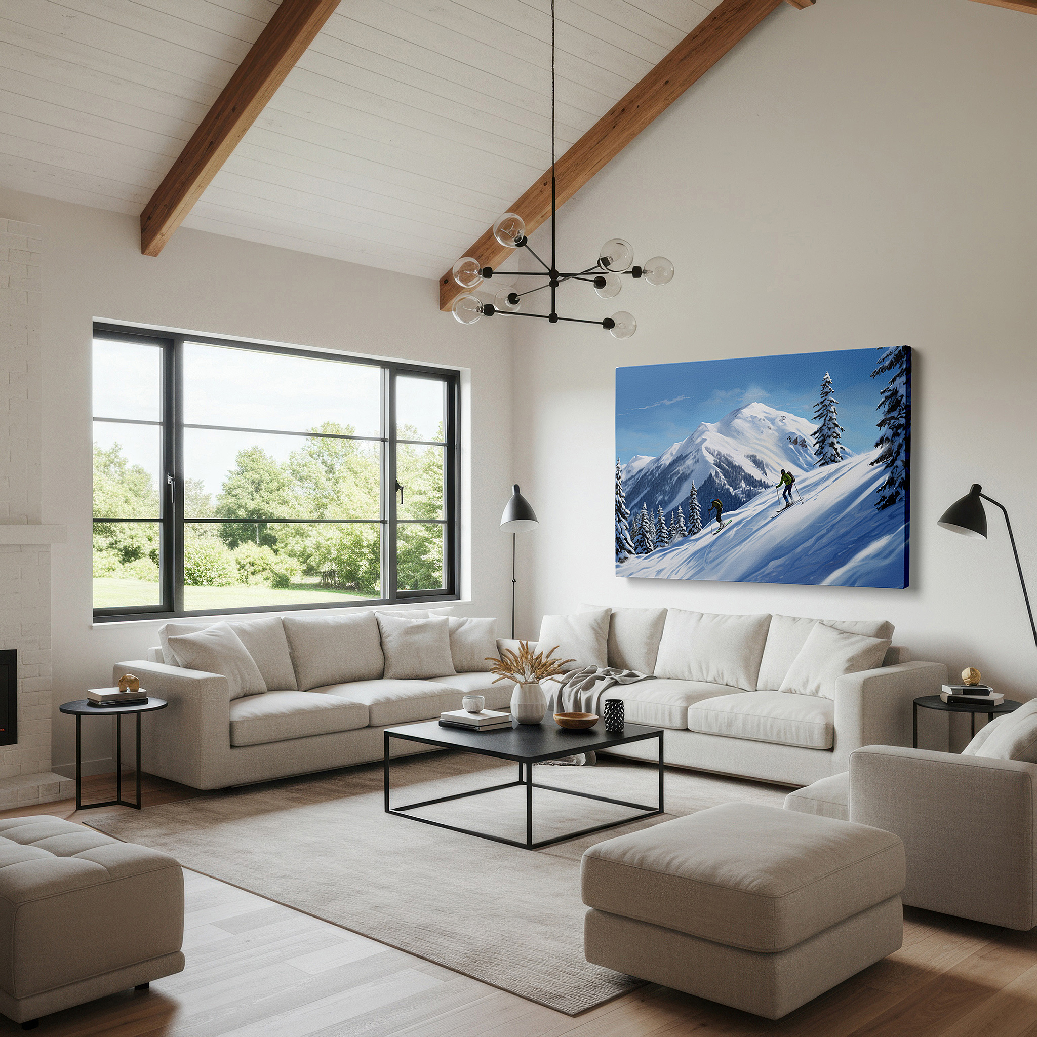 Bold and expansive at 90×60 cm — ideal for making a statement above large furniture — skiers traverse beneath blue skies between snow-capped mountains and verdant pines large wall art, canvas wall art, wall decor, office wall art, bedroom wall art