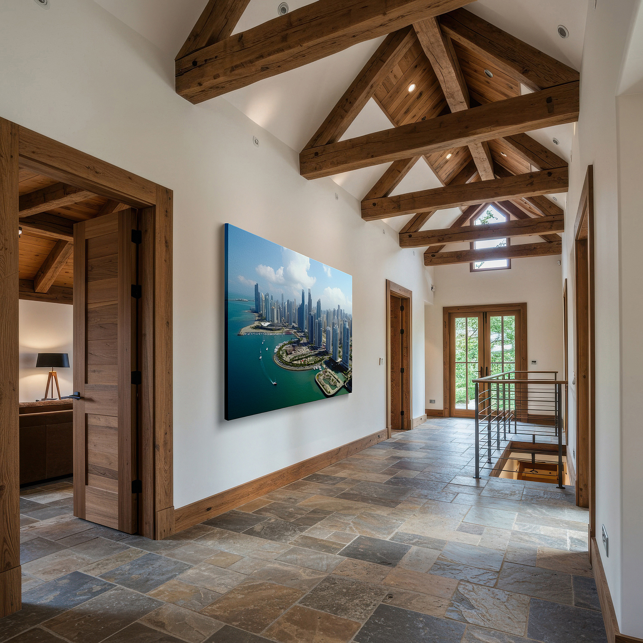 Bold and expansive at 90×60 cm — ideal for making a statement above large furniture — skyscraper symphony: urban brilliance and architectural mastery - large canvas wall art for office decor