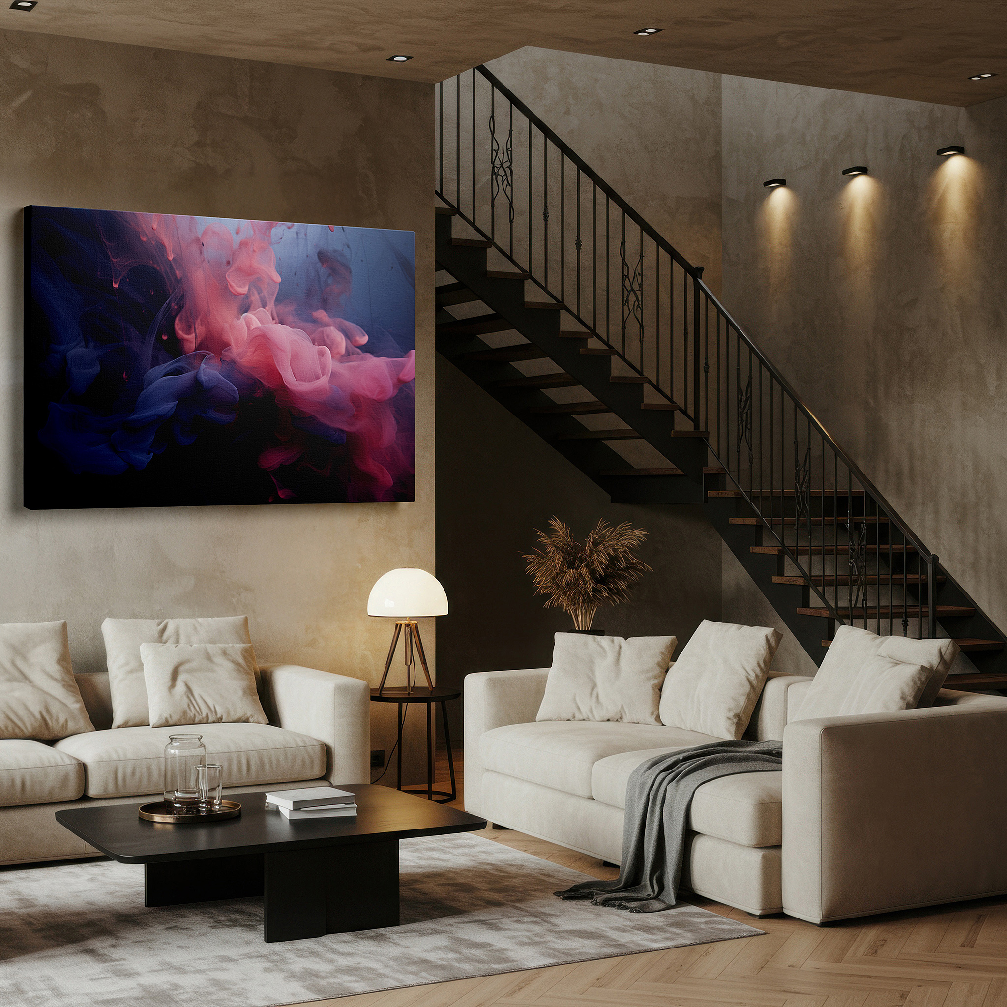 Bold and expansive at 90×60 cm — ideal for making a statement above large furniture — soft pink and blue dreamlike clouds, serene sky dance large canvas wall art for office, bedroom, and living room decor
