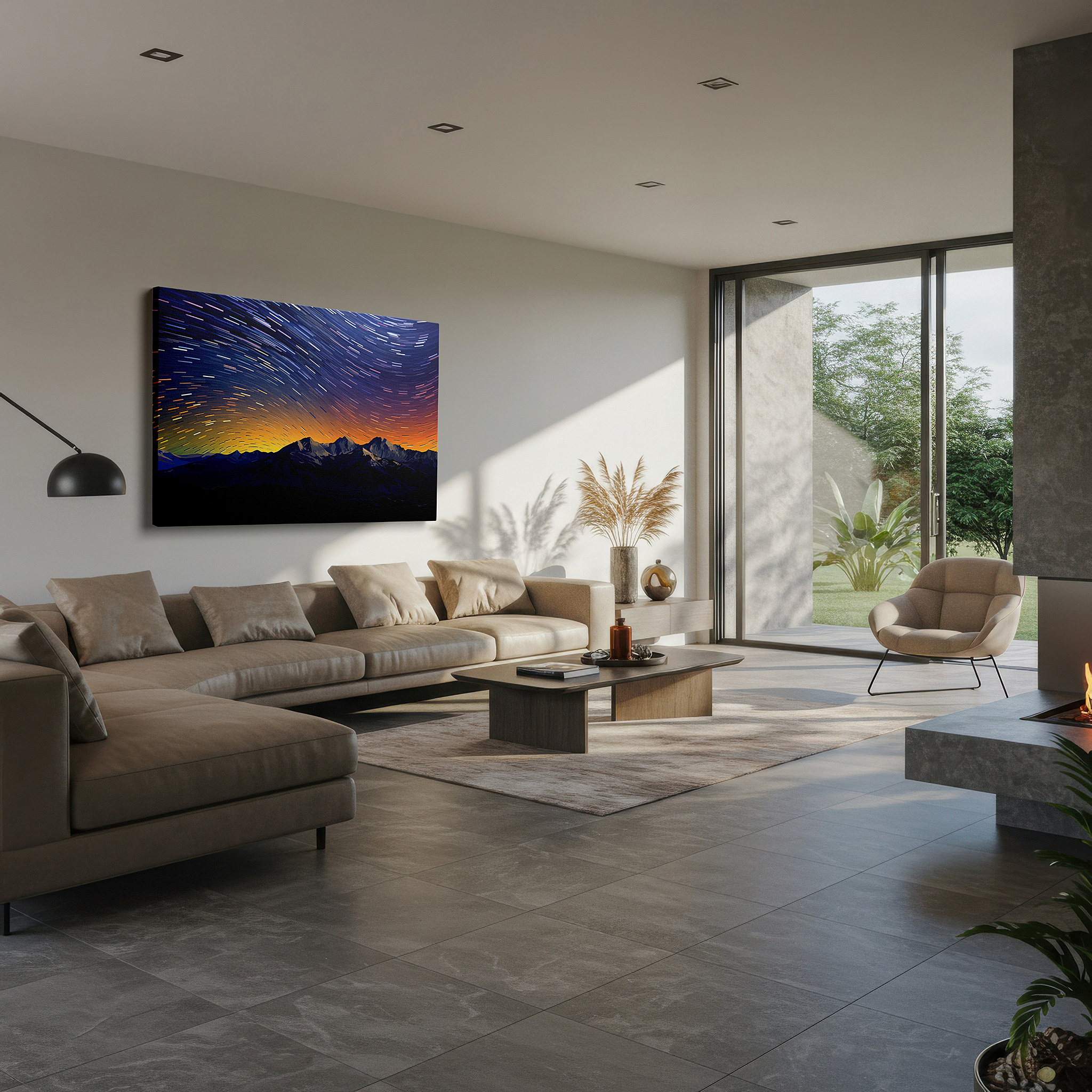 Bold and expansive at 90×60 cm — ideal for making a statement above large furniture — star trails and twilight over snow-capped peaks - large canvas wall art for office and bedroom decor