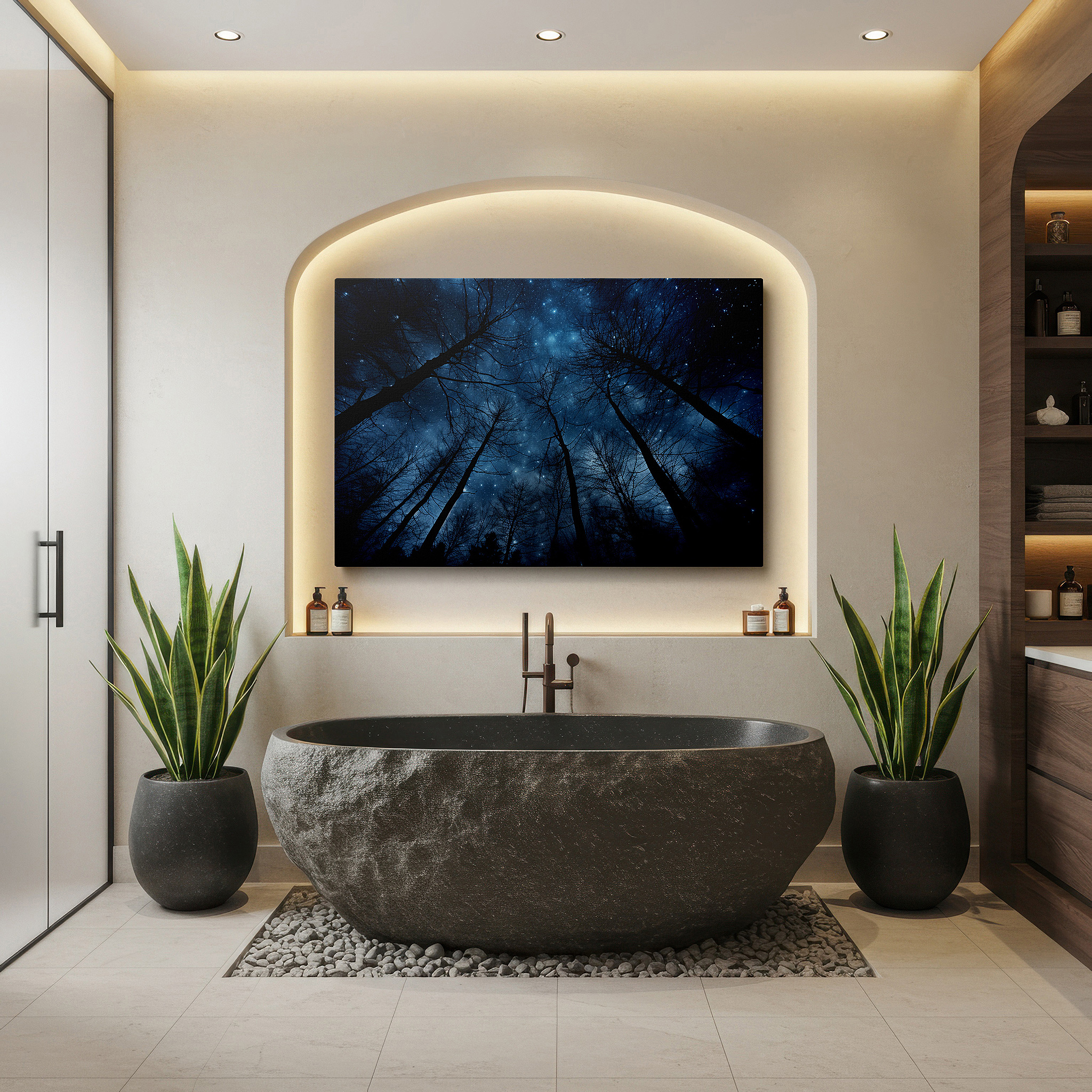 Bold and expansive at 90×60 cm — ideal for making a statement above large furniture — starlit sky and silhouetted trees: reflecting on the vastness of the universe and existential solitude - large wall art, canvas wall art, office wall decor