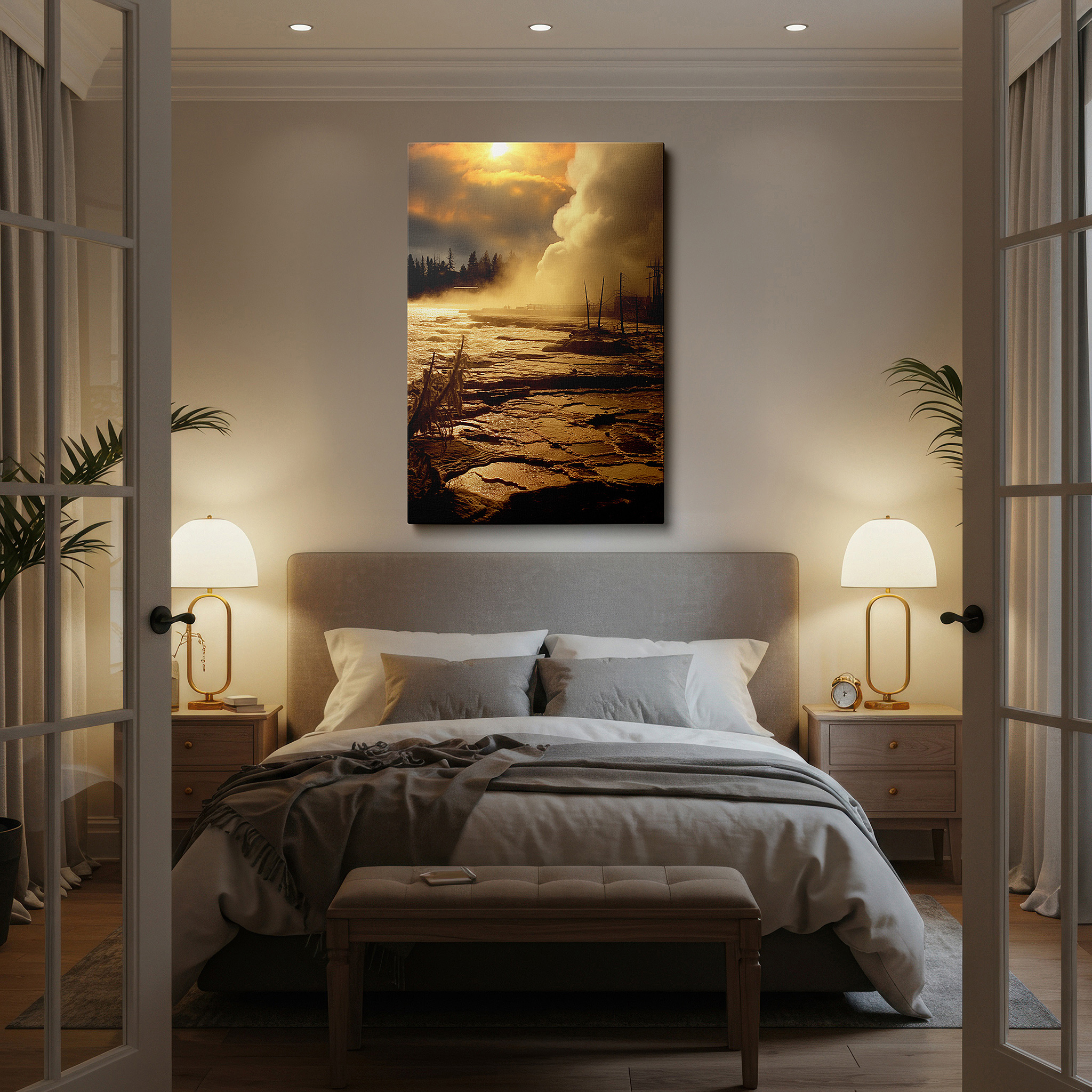 Bold and expansive at 90×60 cm — ideal for making a statement above large furniture — sunrise embrace - transforming the ordinary with golden light and mist large wall art, canvas wall art, wall decor for office