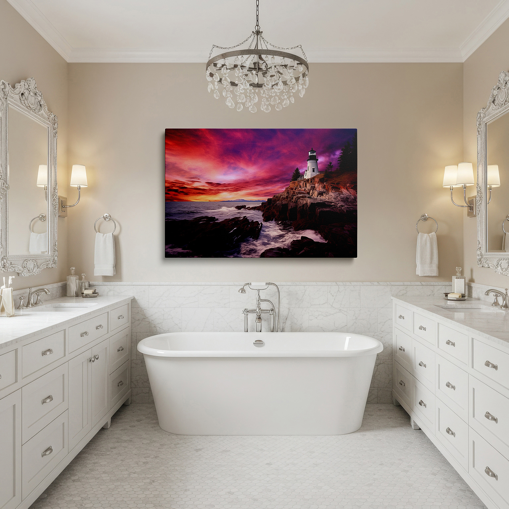 Bold and expansive at 90×60 cm — ideal for making a statement above large furniture — sunset lighthouse majesty - a symbol of hope and calm against fiery skies, large canvas wall art for home and office decor