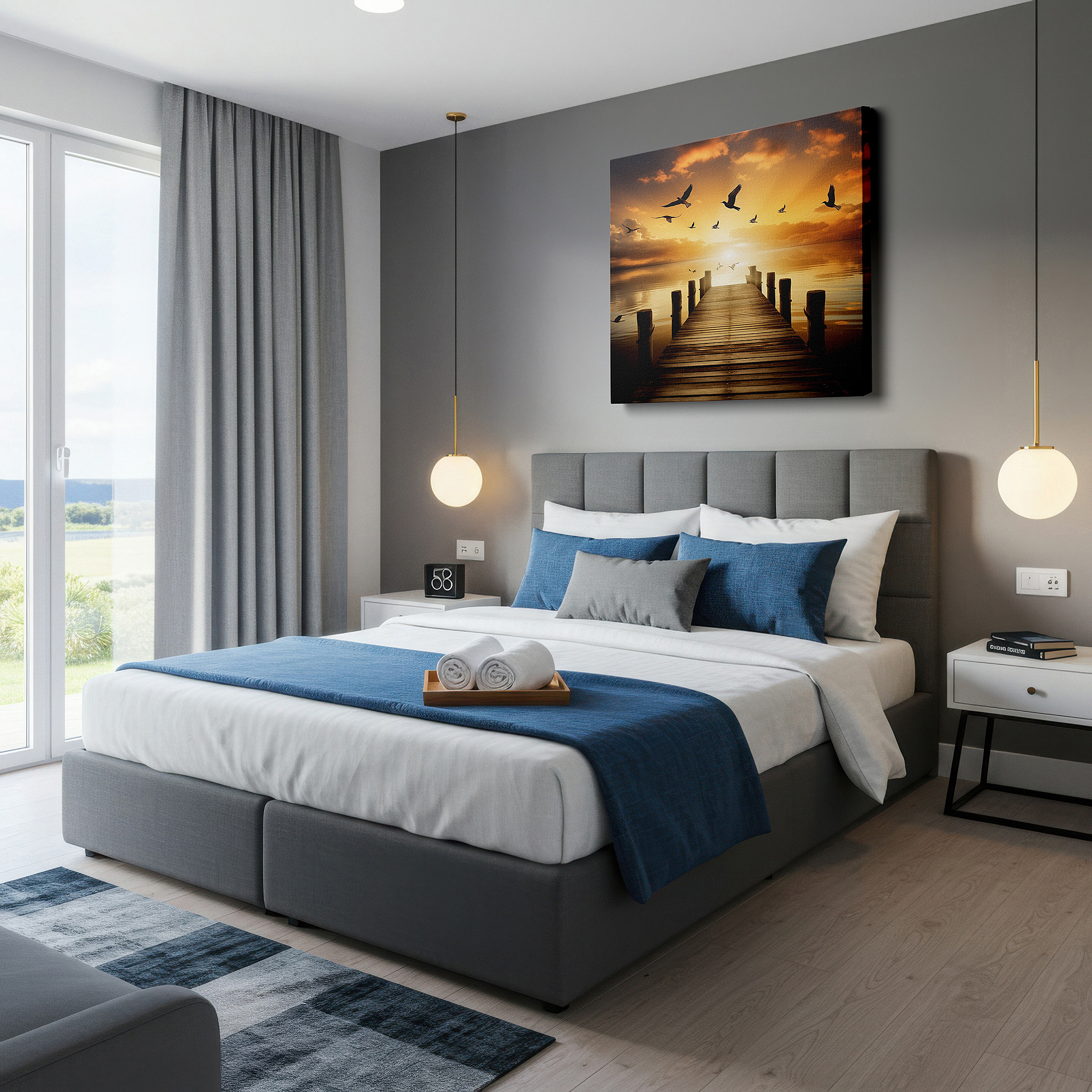 Bold and expansive at 90×60 cm — ideal for making a statement above large furniture — sunset serenity at the weathered pier wall art: reflective waters and birds in flight - large canvas for office or bedroom decor